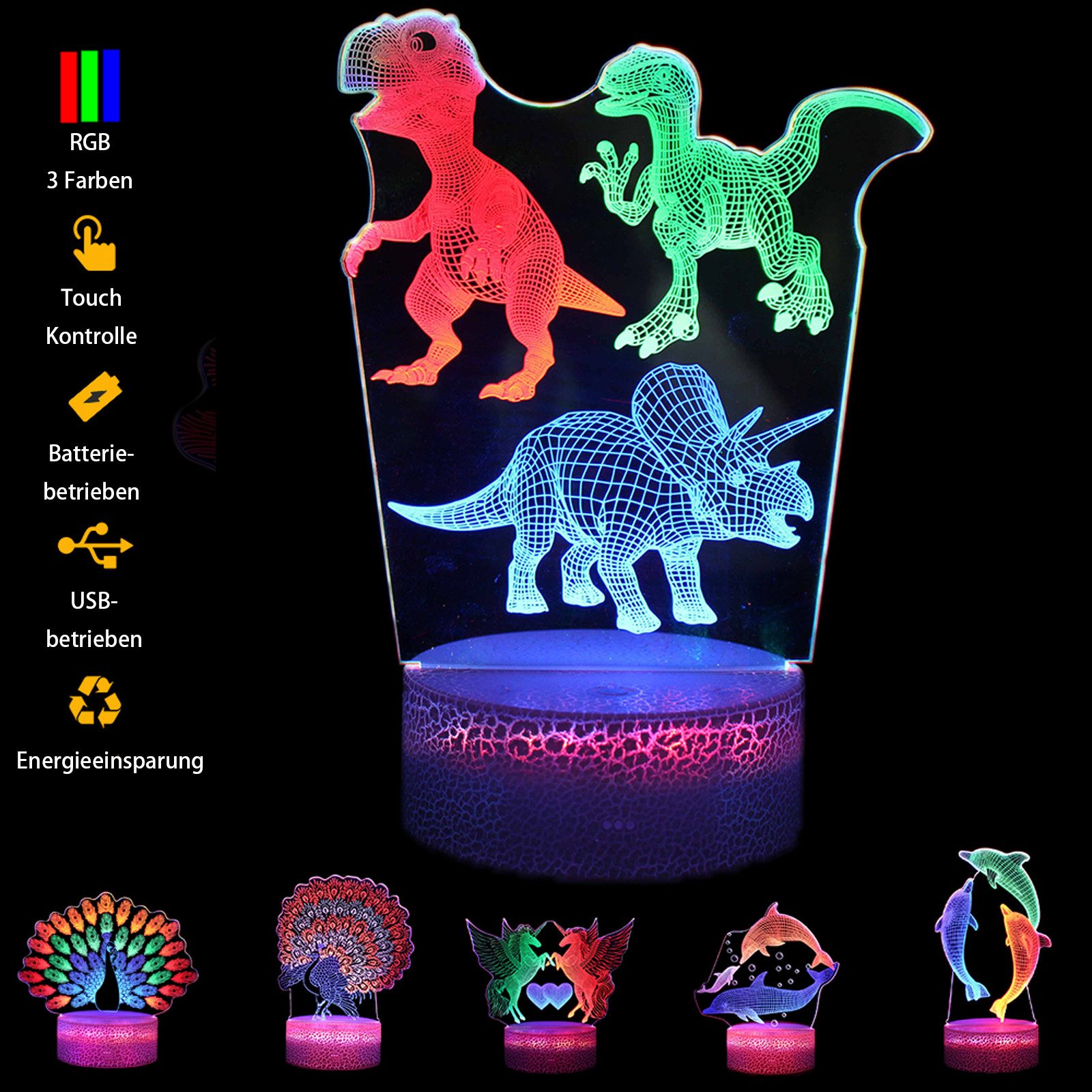 Jibenhome LED Dekolicht Nachtlicht 3D Illusion Nachtlampe Touch Control USB-/batteriebetrieben, Bunter Dinosaurier, LED fest integriert, für Kinderfreunde