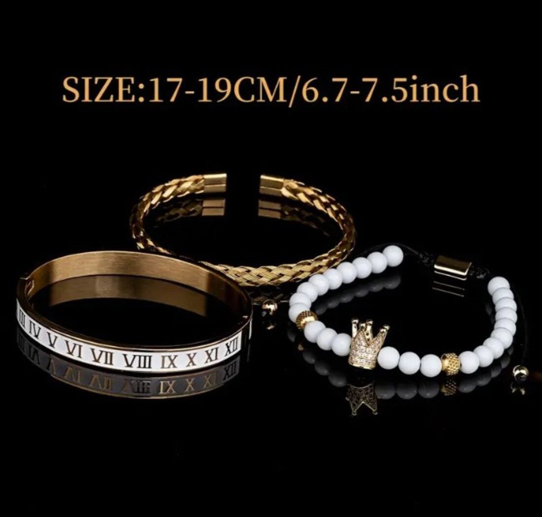 Lale Collection® Bracelet Set Men's Bracelet Set Stainless Steel Black-Gold-Silver Jewelry Bangle, Roman Numerals, Pearl, Crown, Fashion, Style, Bracelet