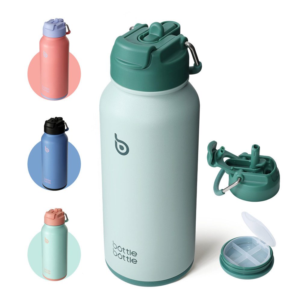 BOTTLE BOTTLE Trinkflasche Edelstahl Trinkflasche mit Strohhalm, auslaufsichere Isolierflasche, für Sport & Fitnessstudio, mit Pillenfach, doppelwandig