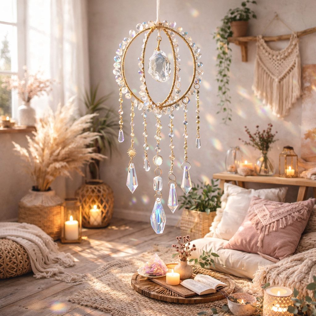 Karmandala Traumfänger Fenster Sonnenfänger mit Kristall, echte Edelsteine, mit Regenbogen Lichtspiel in die Traumwelt