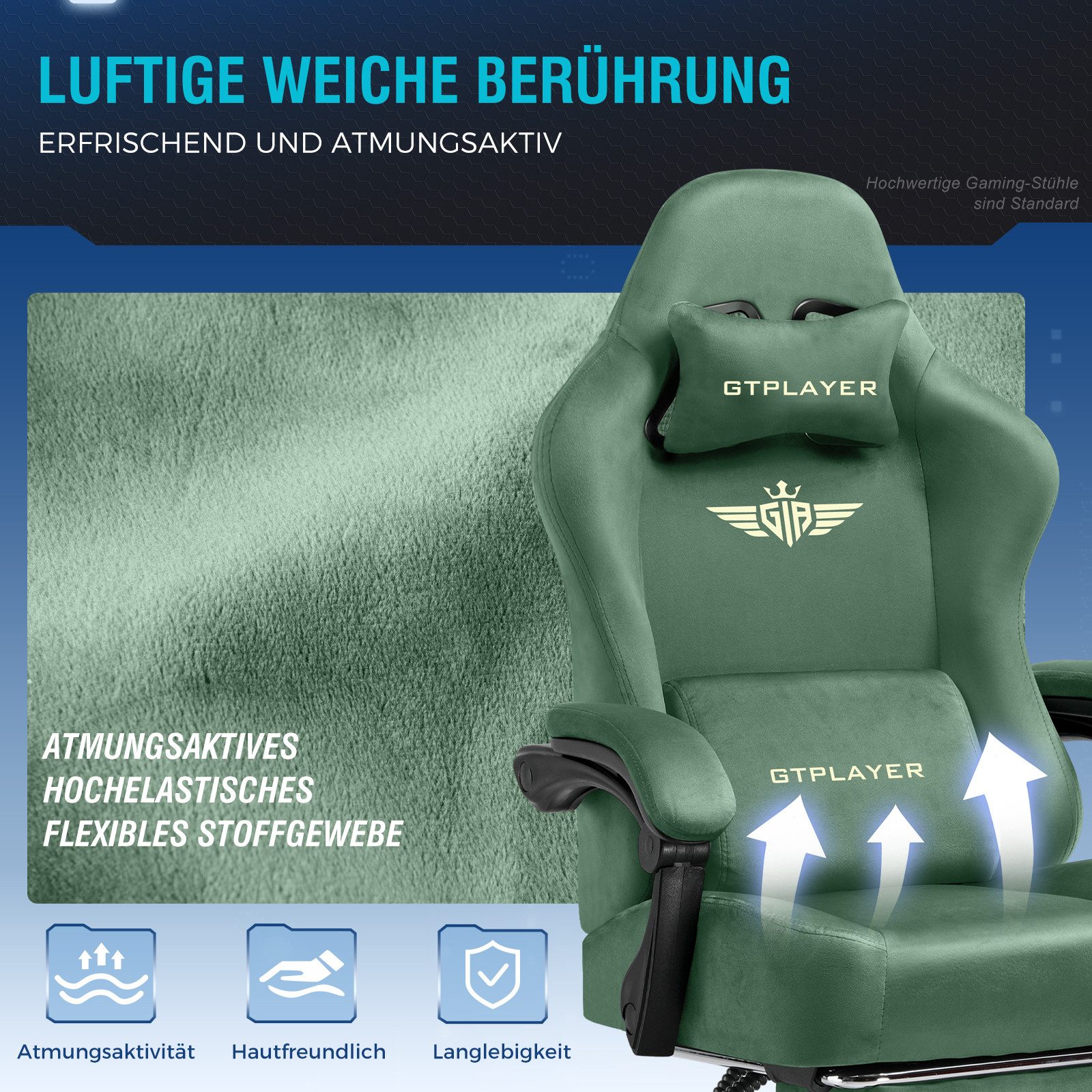 GTPLAYER Gaming-Stuhl Atmungsaktiver Bürostuhl, bürostuhl ergonomisch Hochwertiger - Stoff, 160° Verstellbare Rückenlehne und ausziehbare Fußstütze – Bild 5 von 5