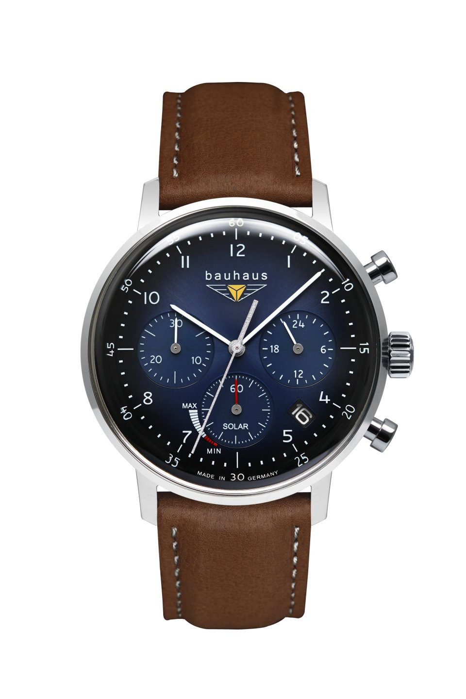 bauhaus Chronograph 2086-3, Armbanduhr, Herrenuhr,Solar,Stoppfunktion,Made in Germany,Lederarmband