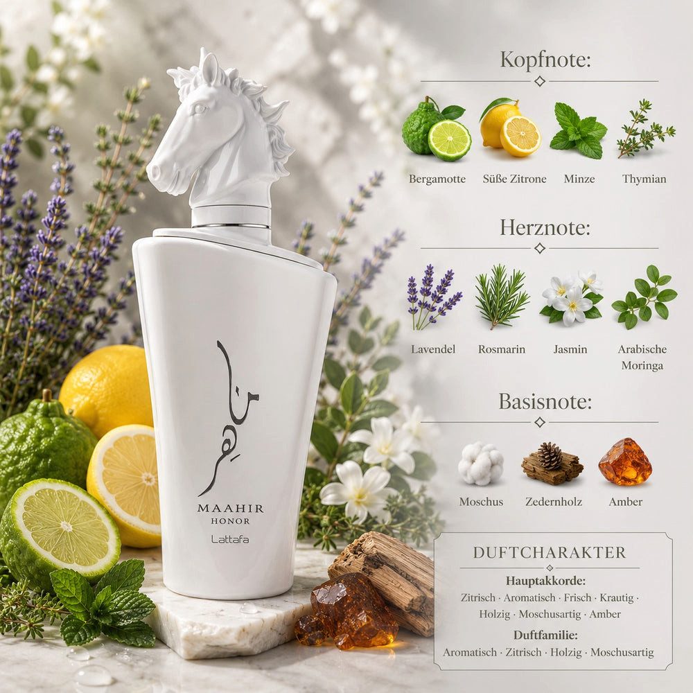 Lattafa Eau de Parfum Maahir Honor EDP 100ml Frisch aromatisch + Parfümzerstäuber (leer) Set