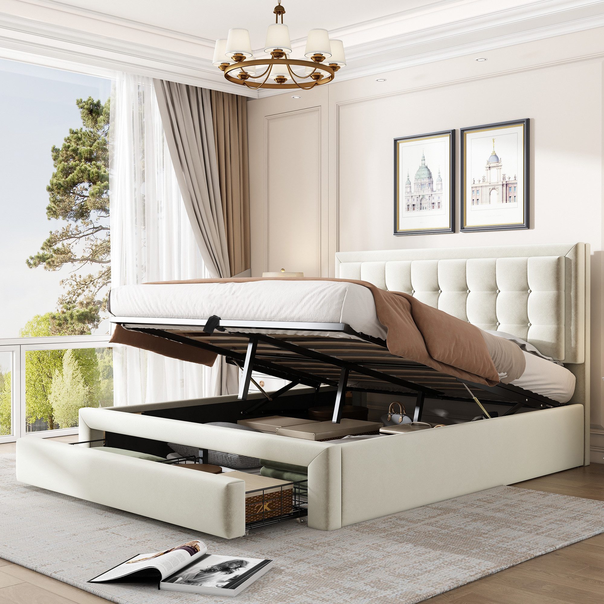 Rutaqian Stauraumbett Polsterbett, mit 2 Schubladen, Doppelbett, mit Lattenrost und Kopfteil (1-tlg), Ohne Matratze, Samt, beige, 140×200 cm