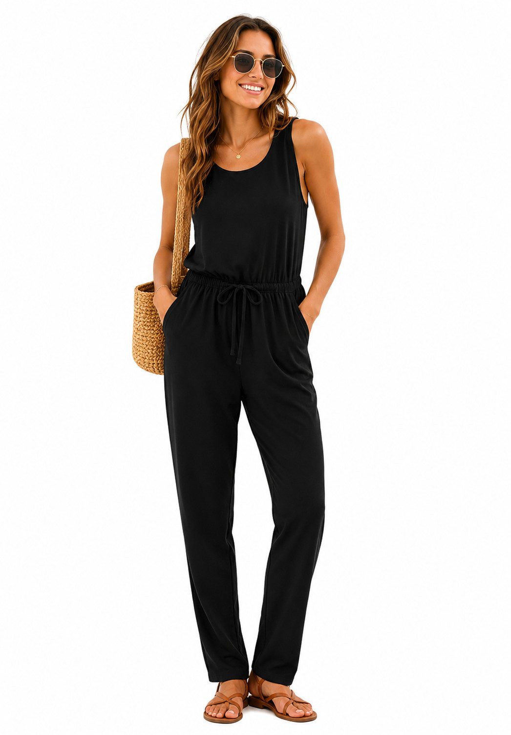 SUBLEVEL Overall Damen Overall Jumpsuit lange Hose Sommer Binde Gürtel Einteiler