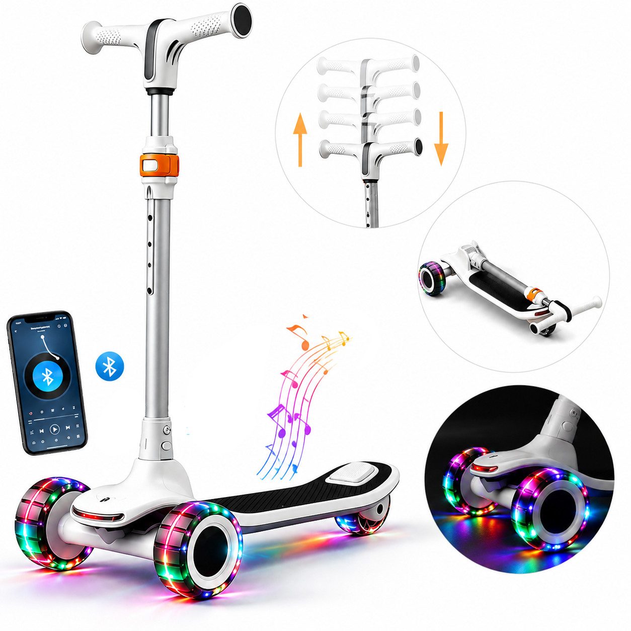 Vornix Cityroller Dreirad Kinder Tretroller ab 3 Jahren,höhenverstellbarer Scooter, mit bunten LED-Leuchträdern & Bluetooth Musik für Drinnen und Draußen