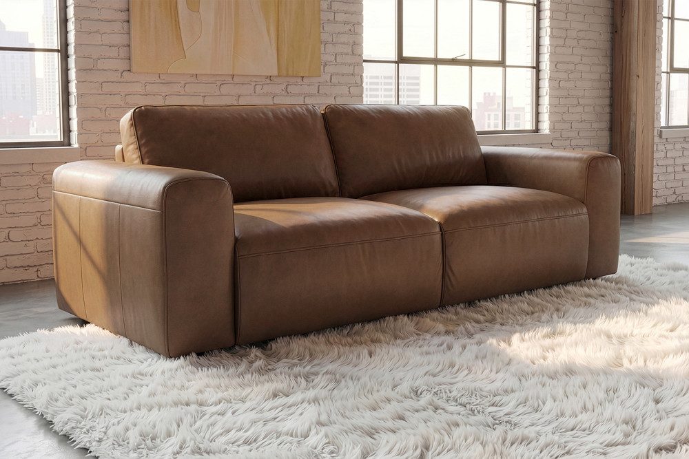 riess-ambiente 2-Sitzer BIG GEORGE 205cm cognac - Echtleder, Nosagefederung, FSC, Rundumbezug, Einzelartikel 1 Teile, Couch mit Ziernähten und inkl. Kissen - ideal für Wohn- & Schlafzimmer