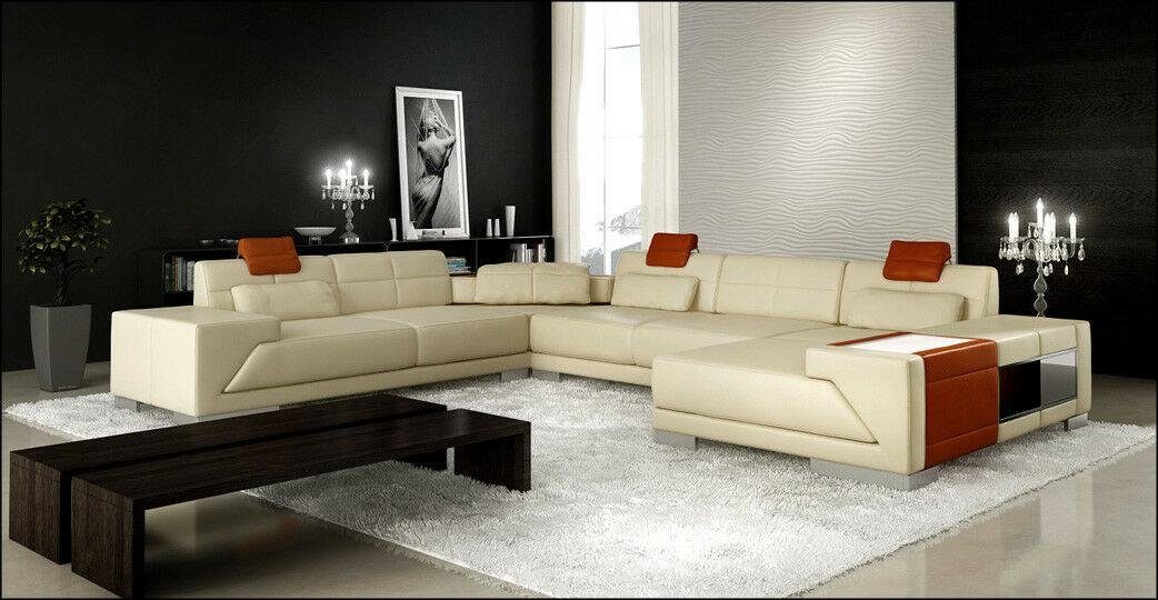 JVmoebel Ecksofa XXL BIG in U Couch Sofa Beige/Orange Leder, Made Wohnlandschaft Polster Form Ecksofa Europe
