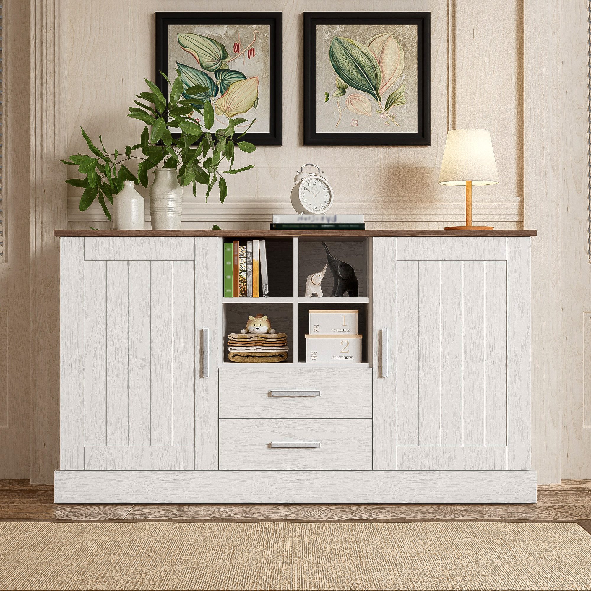 MODFU Sideboard rustikalen Landhausstil (Anrichte,Kommode mit viel Stauraum, 1 St., 2 Türen, 2 Schubladen), mit weiße und braune Holzmaserung