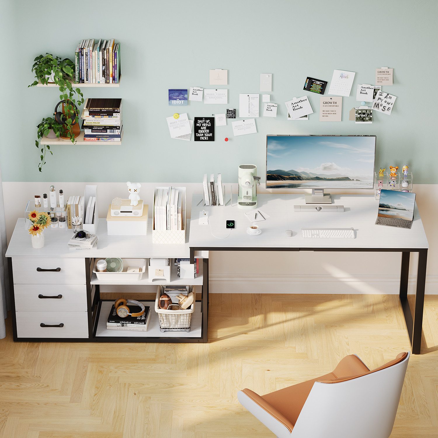 HOMALL Schreibtisch L-förmiger Eckschreibtisch mit USB-Anschluss und zwei Steckdosen. (Abmessungen: 140 x 105 x 75 cm, L-förmiger Schreibtisch Gamingtisch, umwandelbar in einen I-förmigen Schreibtisch, mit 3 Schubladen und 2 Fächern)