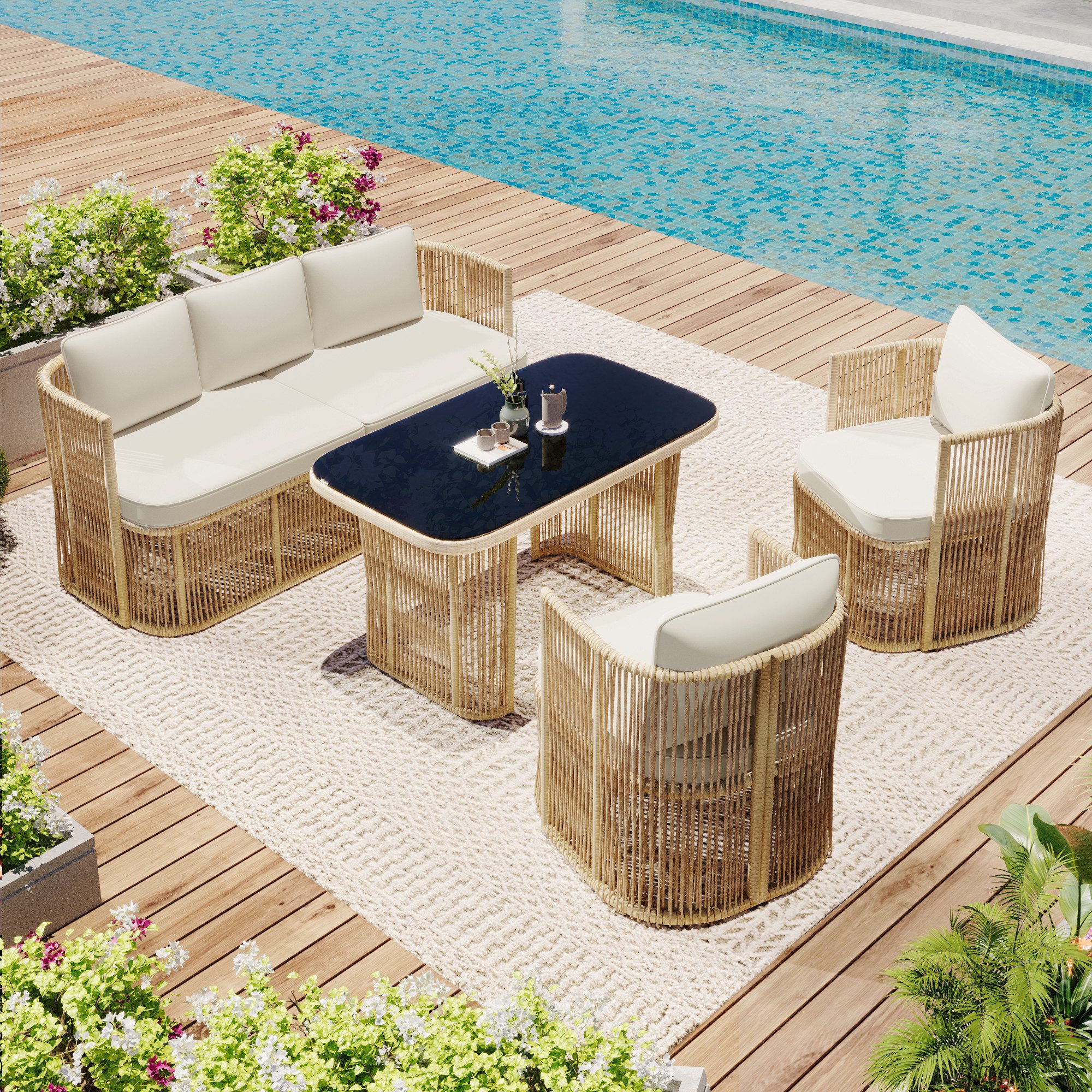 Merax Gartenlounge-Set Polyratten Gartenmöbel-Set mit Stahlrahmen & Polyesterkissen, (4-tlg), 5-Sitzer Sitzgruppe mit 3-Sitzer Sofa, 2 Sesseln & Glastisch
