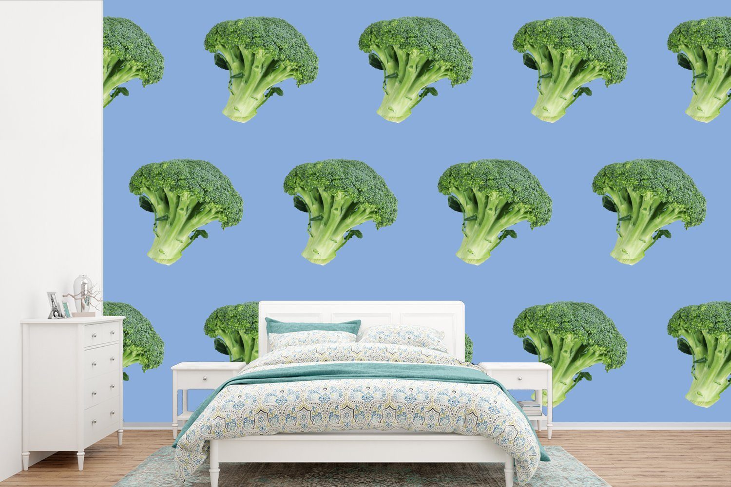 MuchoWow Fototapete Gemüse - Muster - Blau - Lila, Matt, bedruckt, (6 St), Wallpaper für Wohnzimmer, Schlafzimmer, Kinderzimmer, Vinyl Tapete