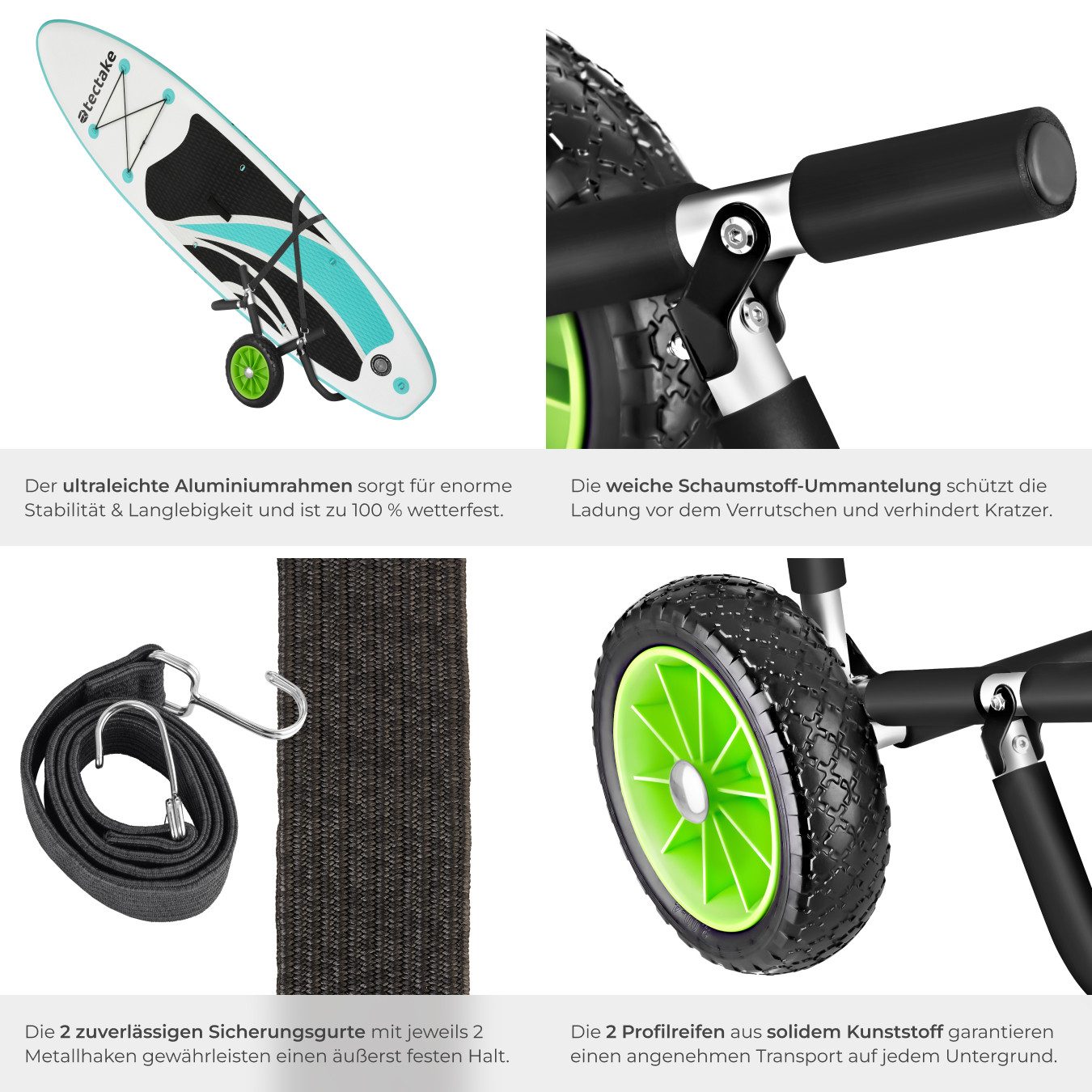 tectake SUP-Transportwagen Surfboard Transportwagen klappbar, 42 x 70 x 48,5 cm, (Paddel Board Transportwagen WaveWheel, inkl. 2 Sicherungsgurte in schwarz/grün – Bild 5 von 5
