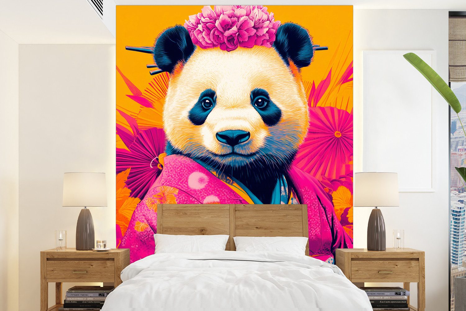 MuchoWow Fototapete Kimono - Rosa - Panda - Blumenkrone, Matt, bedruckt, Wallpaper für Wohnzimmer, Schlafzimmer, Vinyl Tapete, 165x220 cm