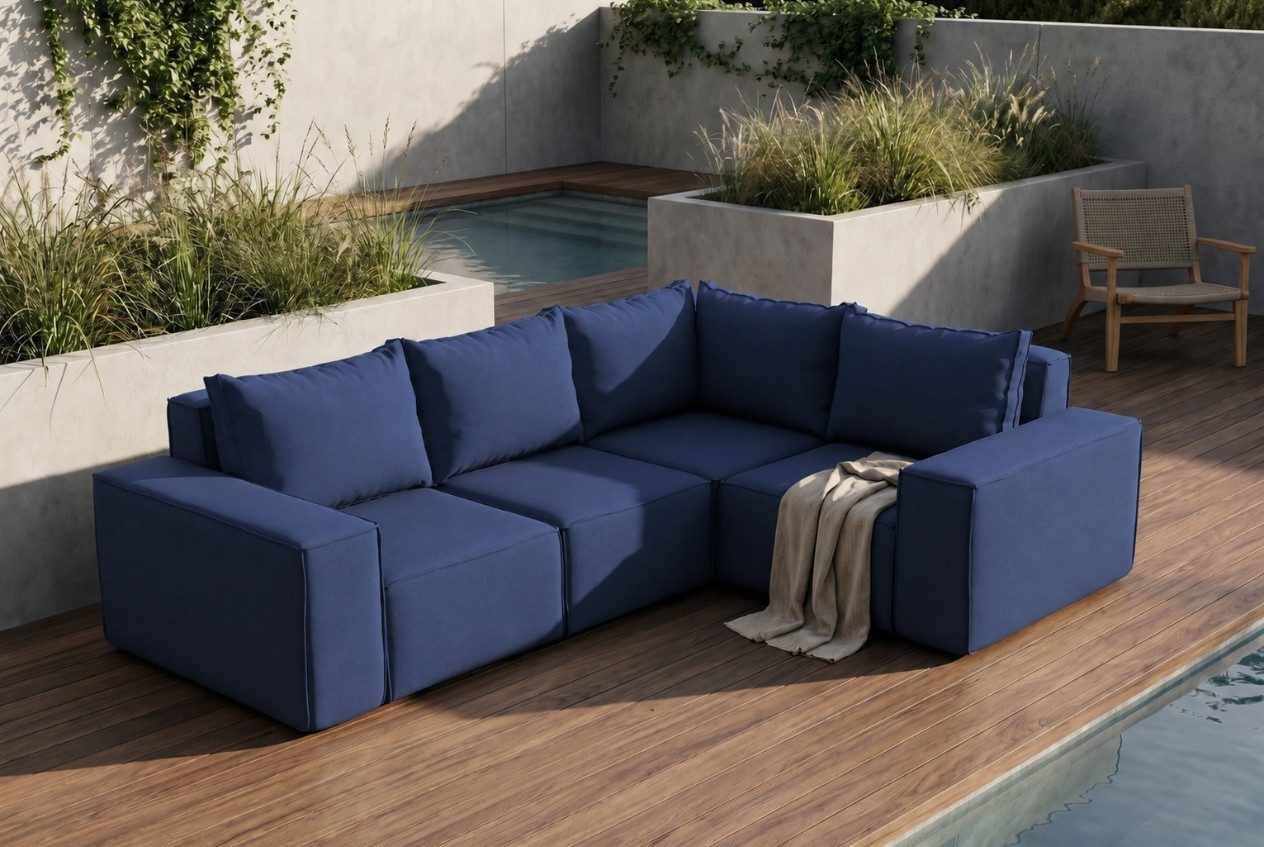 Friderik-EU Gartensofa Garten-Ecksofa 246x181 cm, wasserdichter Bezug, 5 Sitzplätze, moderne Jeans-Optik, einfache und schnelle Montage
