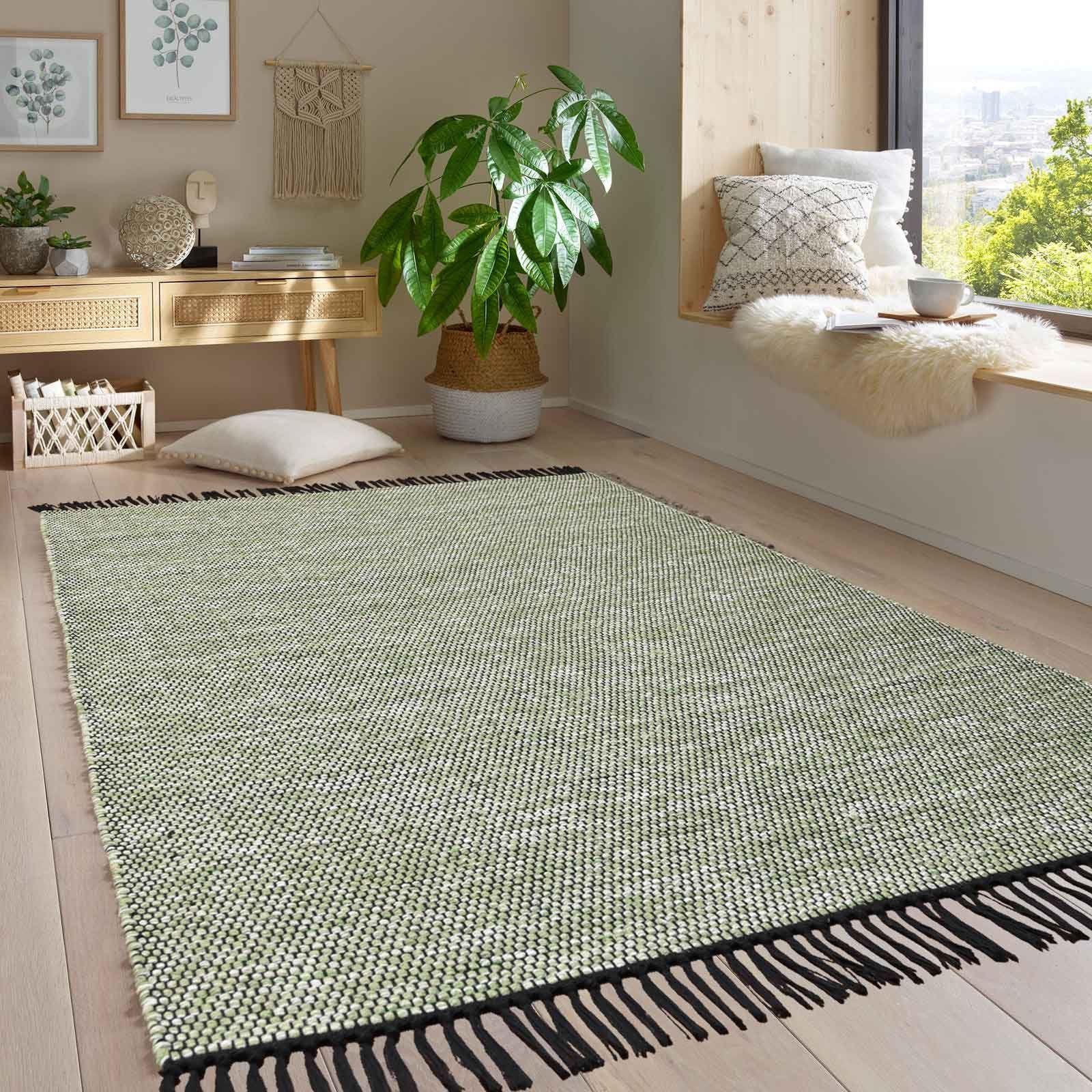 5 Wohnzimmer Borkum gewebt Höhe: rechteckig, Handwebteppich cm grün mm, TaraCarpet, Küche Baumwolle, 100% Wollteppich modern nachhaltig 080x150 Baumwolle