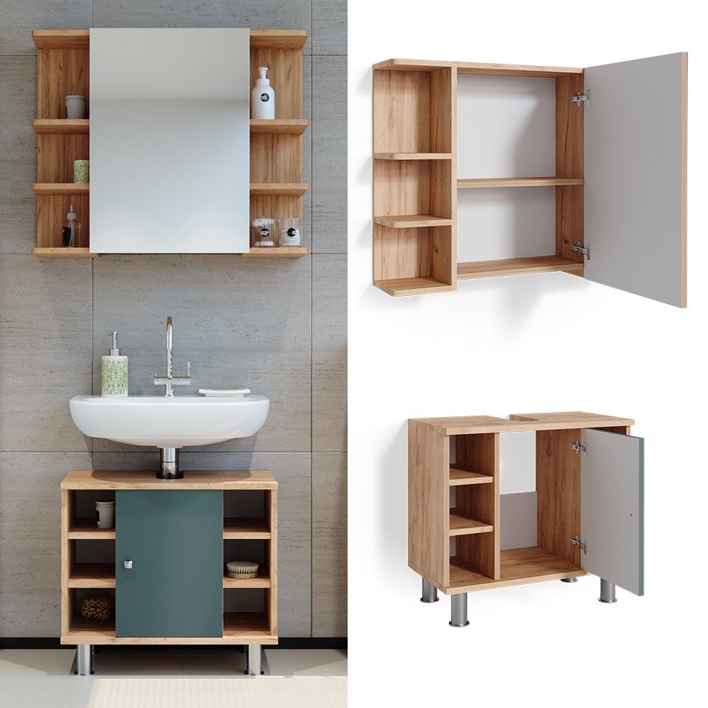 Vicco Badmöbel-Set Fynn, Grün/Goldkraft Eiche, 2 günstig online kaufen