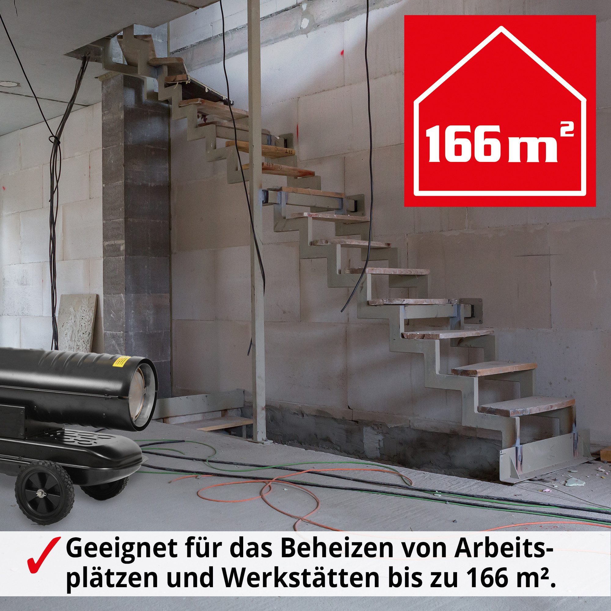 Hecht diesel heater 3021 with chassis, 20 kW, 20000 W, 70000 BTU, 588 m³/h, 393 °C, 27.6 kPa, 19 liters