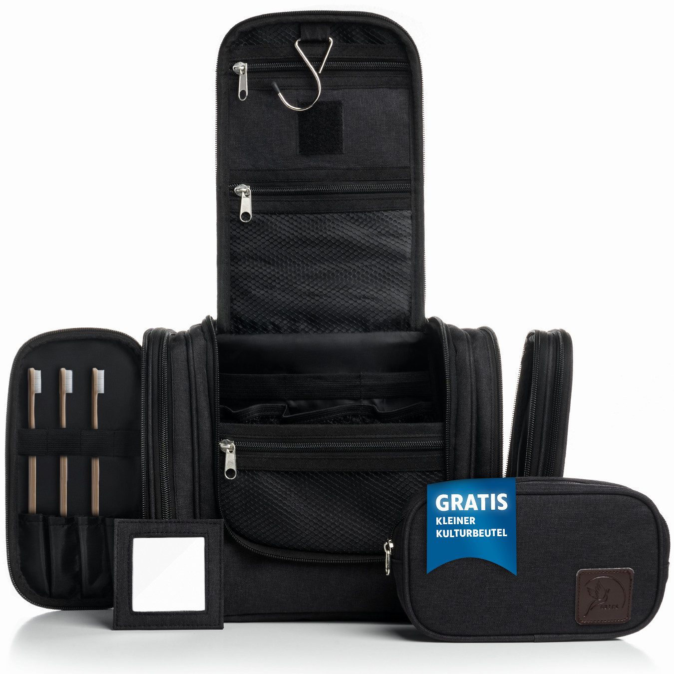 Obics Kulturbeutel XXL 8 Liter (Set, 2 Teilig), zum Aufhängen - Kosmetiktasche für Damen & Herren 10 Fächer