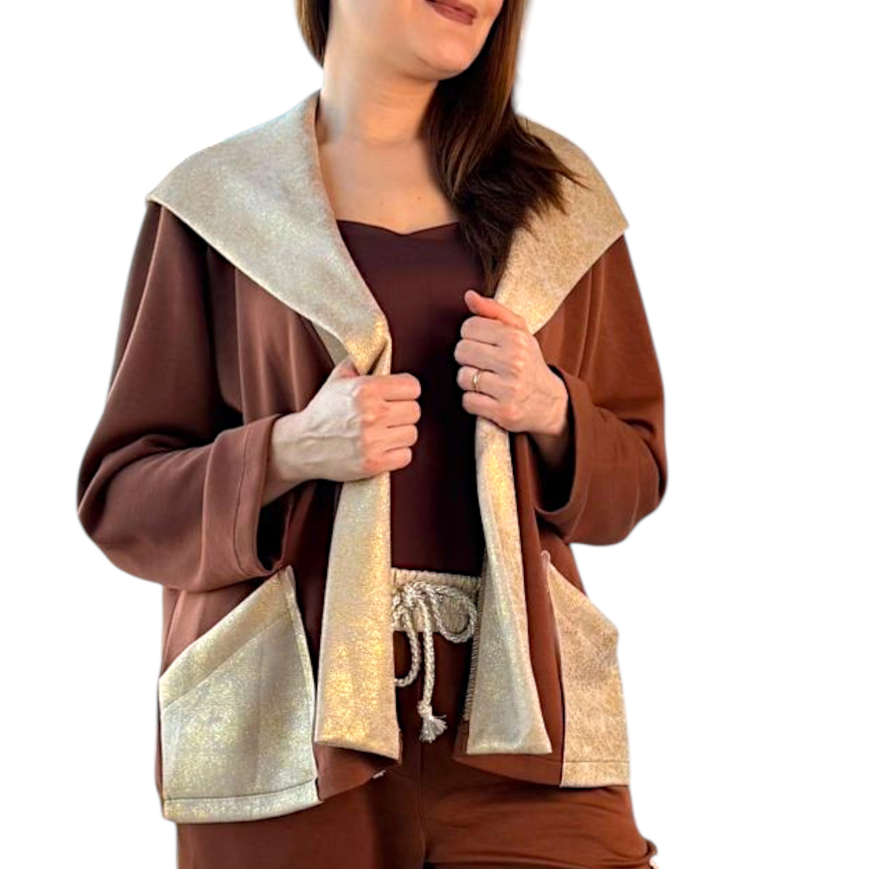 WENOR Kapuzensweatjacke Damen Oversize Jacke Schalkragen Glanz Look mit Taschen Schalkragen, Glanz Details, Oversize Schnitt