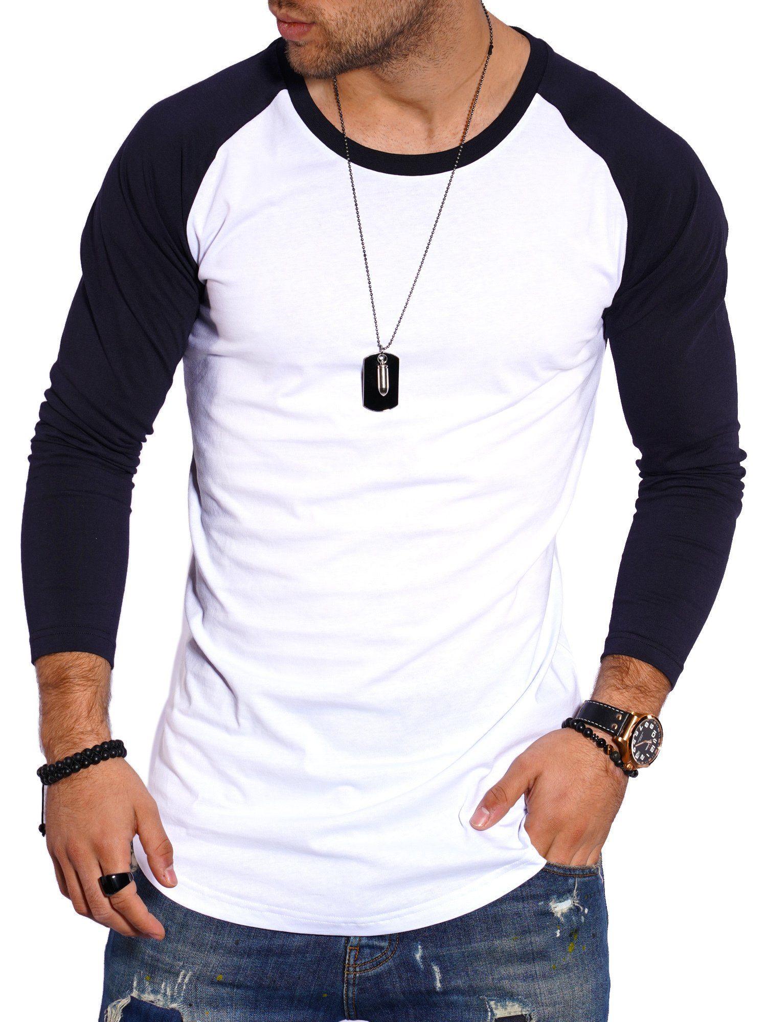 Longsleeve Basic Style-Division im SDGLENDALE Weiß-Navy Shirt Raglan-Stil