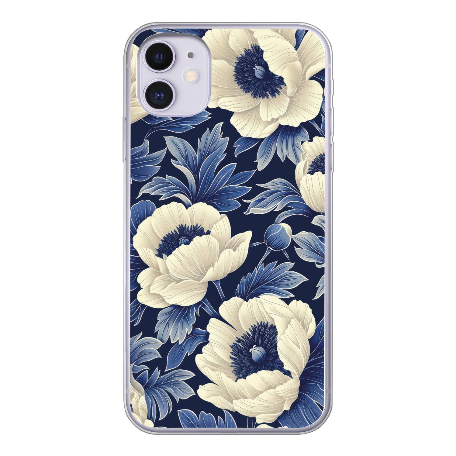 MuchoWow Handyhülle für Apple iPhone 11 Blumen - Muster - Blau - Weiß, Smartphone-Bumper, Print, Handy Schutzhülle Dünn