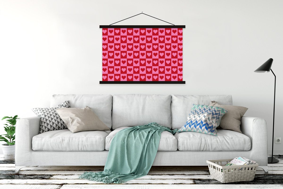 MuchoWow Poster Rot - Rosa - Schachbrett - Valentinstag, (1 St), Bilderleiste, Bilderrahmen, Magnet Rahmen, Holz, 120x80 cm