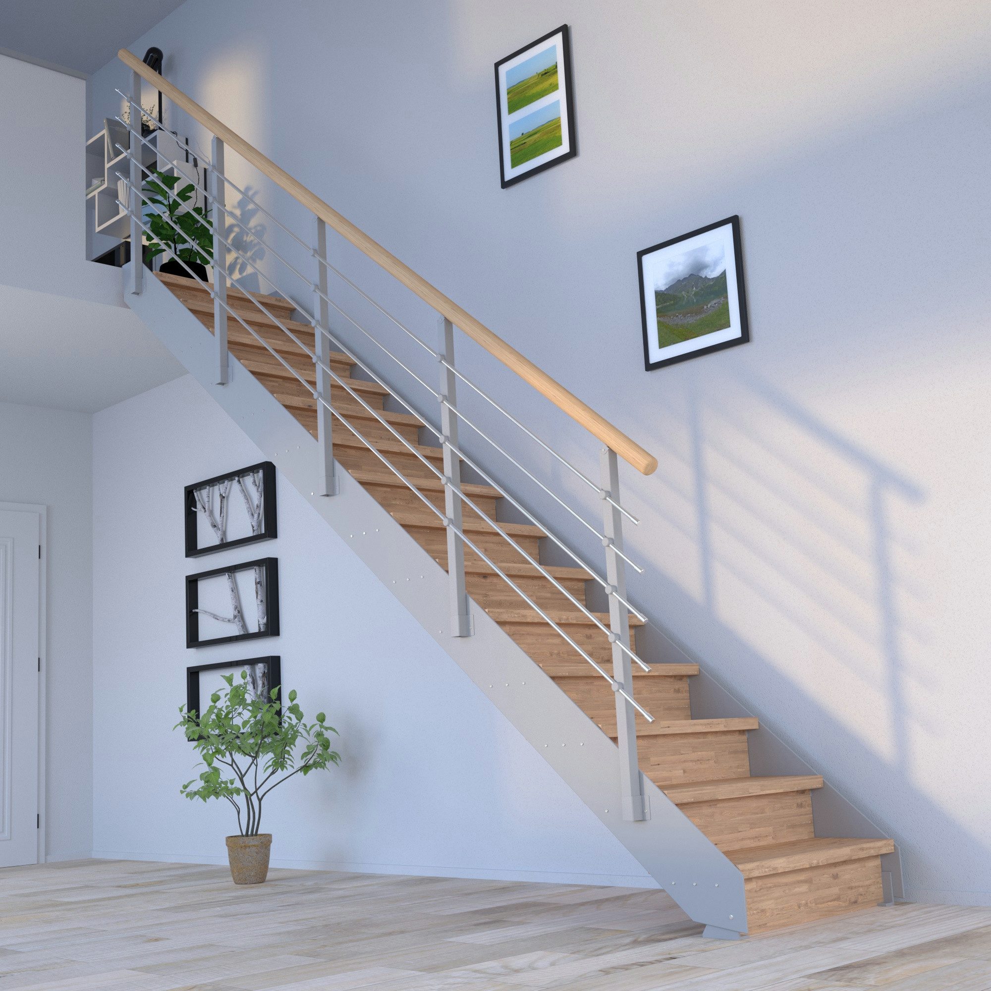 Starwood Raumspartreppe Stahltreppe Kos (Eiche unbehandelt) in Grau mit Design-Geländer &