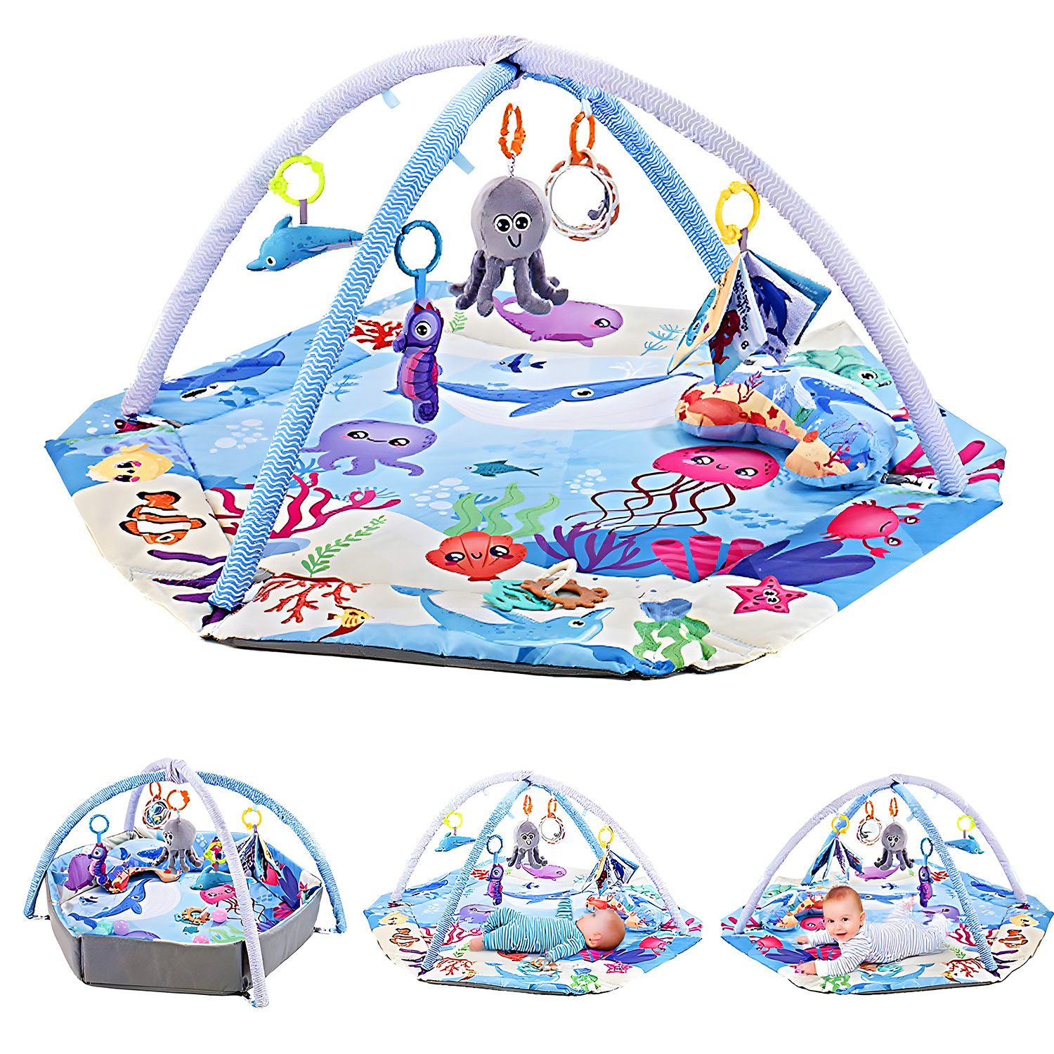 HEYHIPPO Spielmatte Baby Spielmatte Zaun Fitness Krabbeldecke Spielecke 110x110×43cm Blau (Geeignet für Neugeborene von 0–12 Monaten zur Wachstumserkundung), Faltbare Matte,Spielbogen für Babys Aktivitätsdecke,Meeresspielzeug