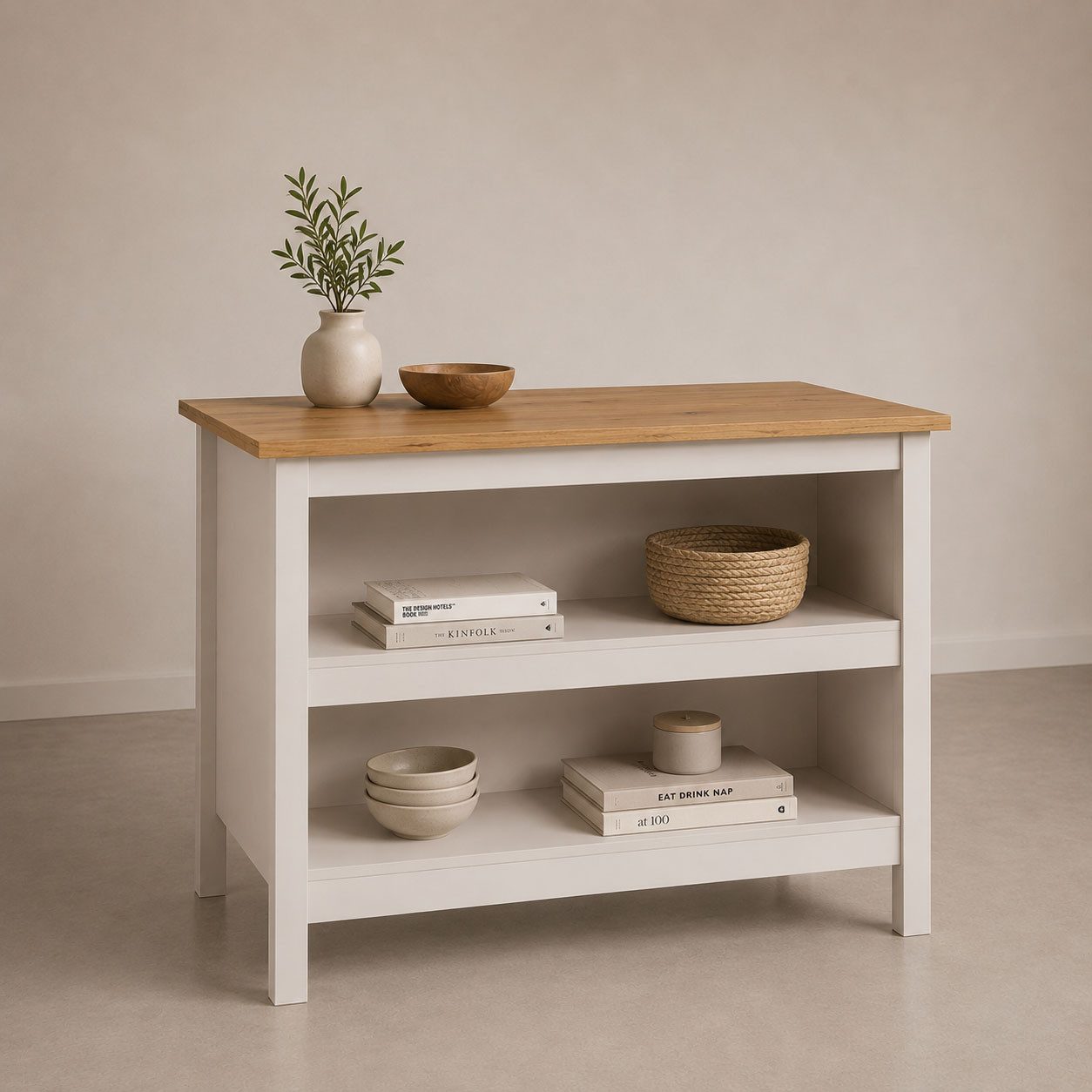 Inter Link Bartisch Pienza, multifunktional für Küche & Essbereich, im Skandi Look (1-St), Kücheninsel mit Regalböden, Platz für 2 Hocker, Kaschmir, 124x75x91 cm