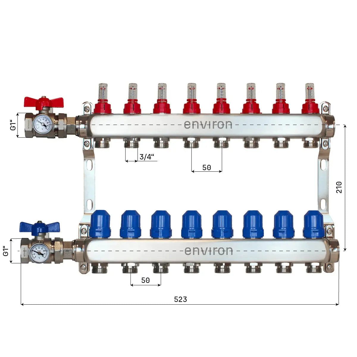 Environ Fußbodenheizung Edelstahl Heizkreisverteiler 2 - 12 fach mit Kugelhahn-Anschluss-Set -