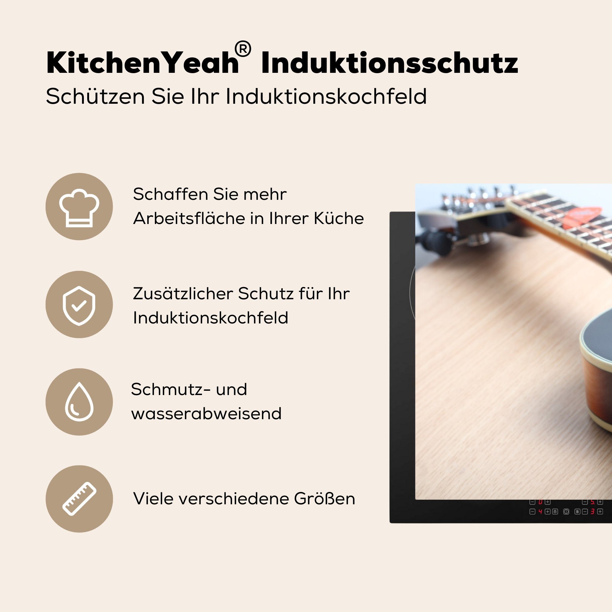 küche, 81x52 (1 Induktionskochfeld auf MuchoWow Vinyl, Herdblende-/Abdeckplatte Holzboden, für cm, Eine Schutz Ceranfeldabdeckung einem tlg), die E-Gitarre