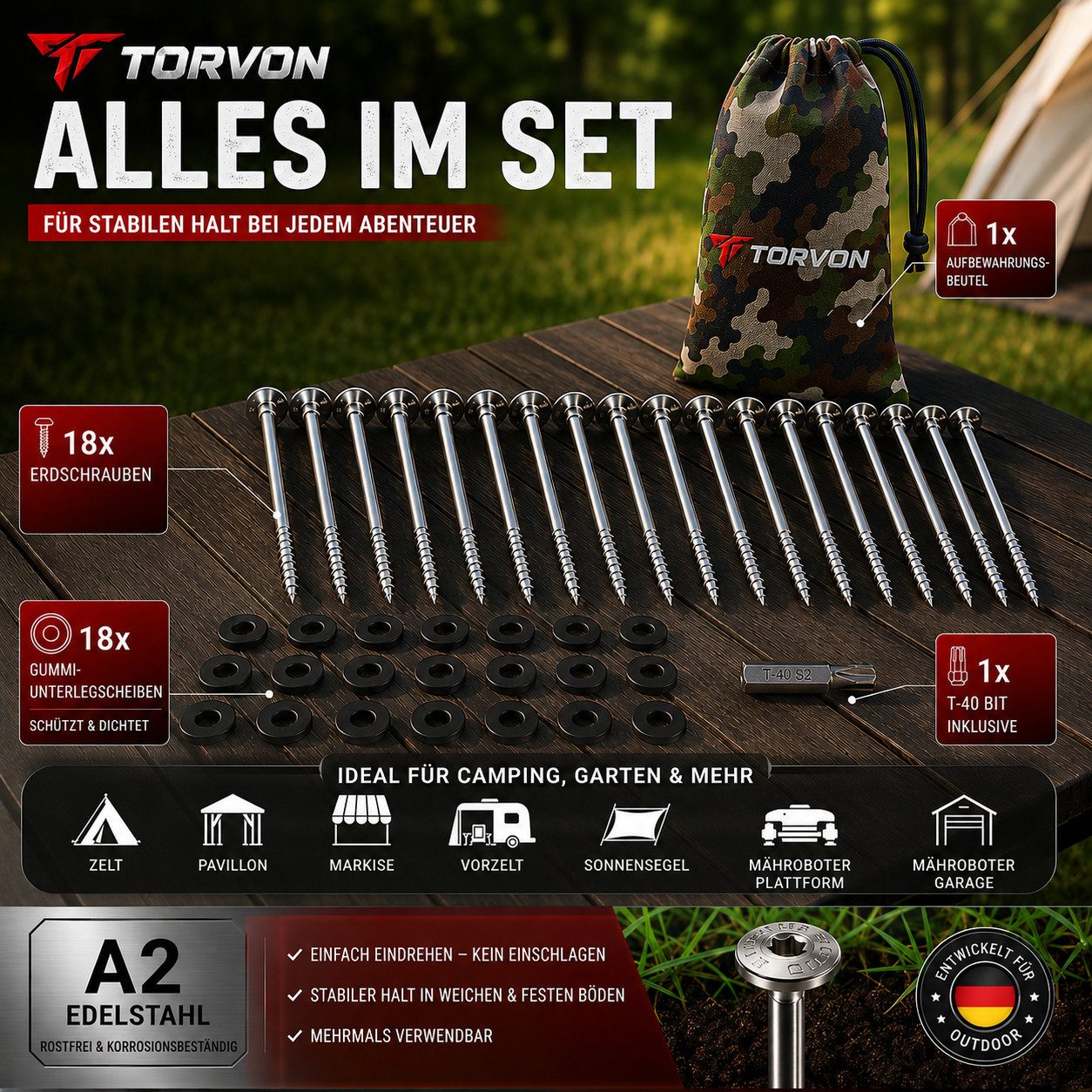 Torvon Zelthering Camping Set Erdschrauben aus Edelstahl A2 mit TX40 Bit 18 Stück, (18-St)