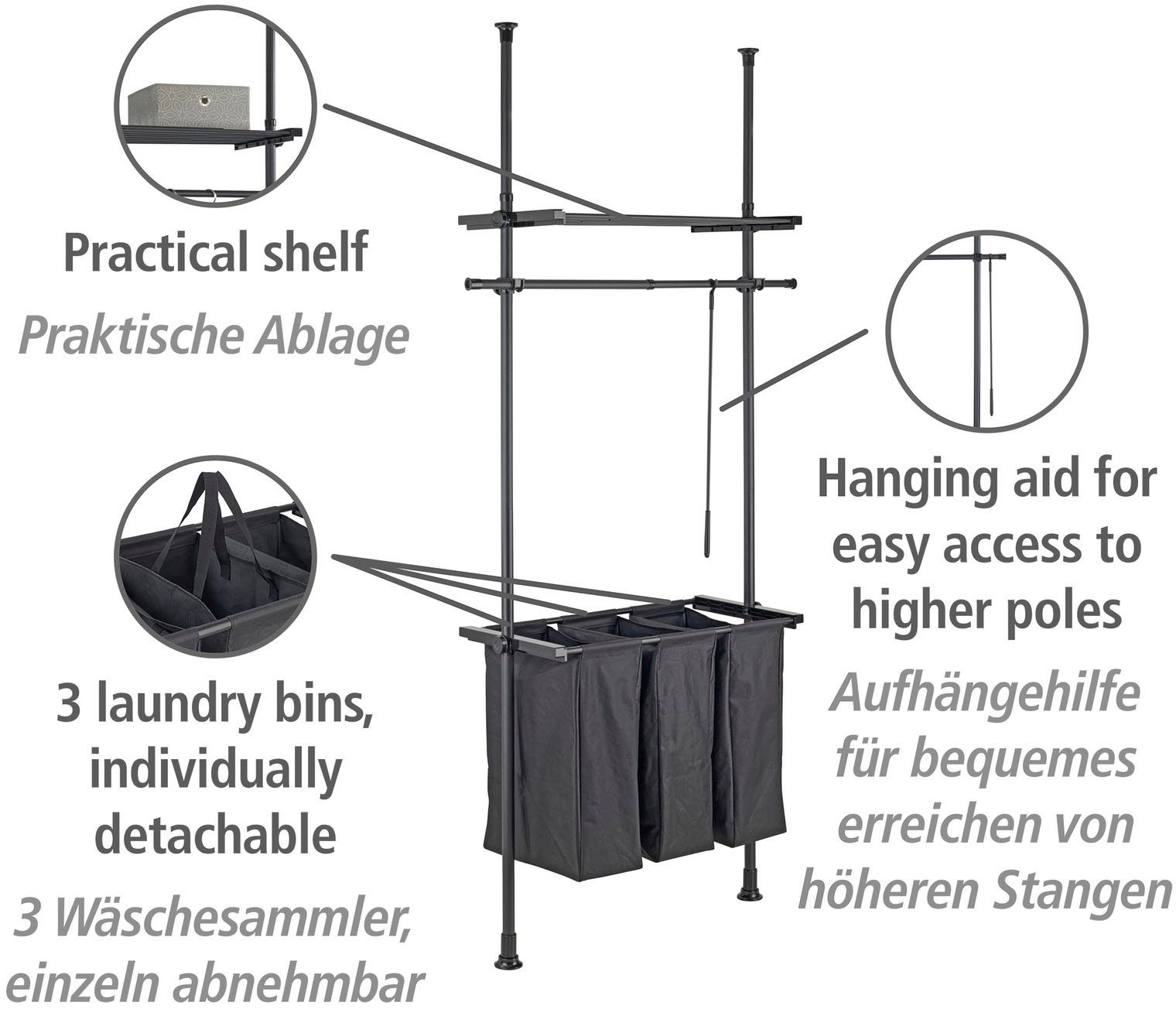 ohne Wäschesortierer einfaches Bohren, (Teleskopsystem), Einklemmen, WENKO Herkules Wäschefächer 3 Befestigung