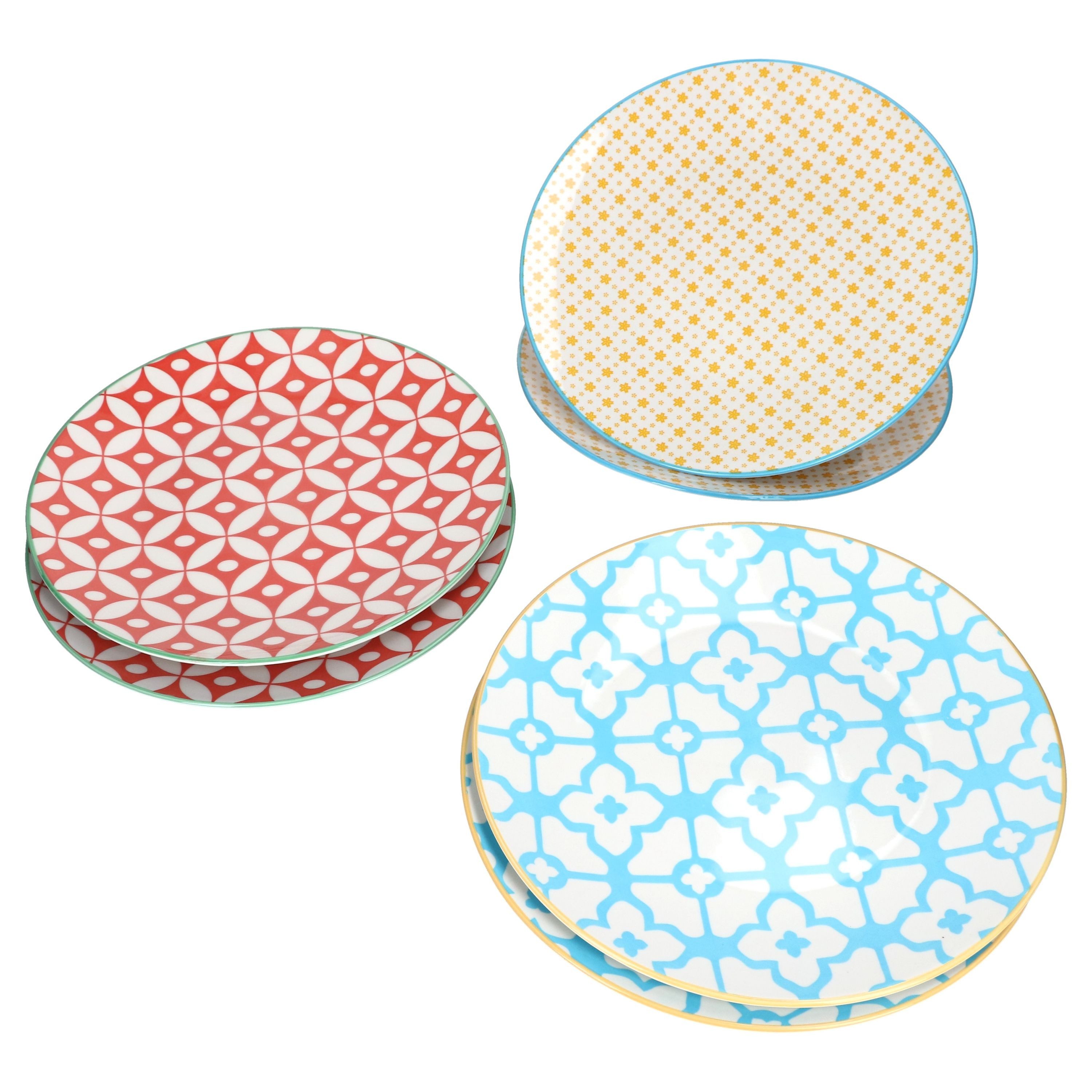 MamboCat Speiseteller 6er Set Speiseteller Makina Trio Blau Gelb Rot Retro-Design Porzellan