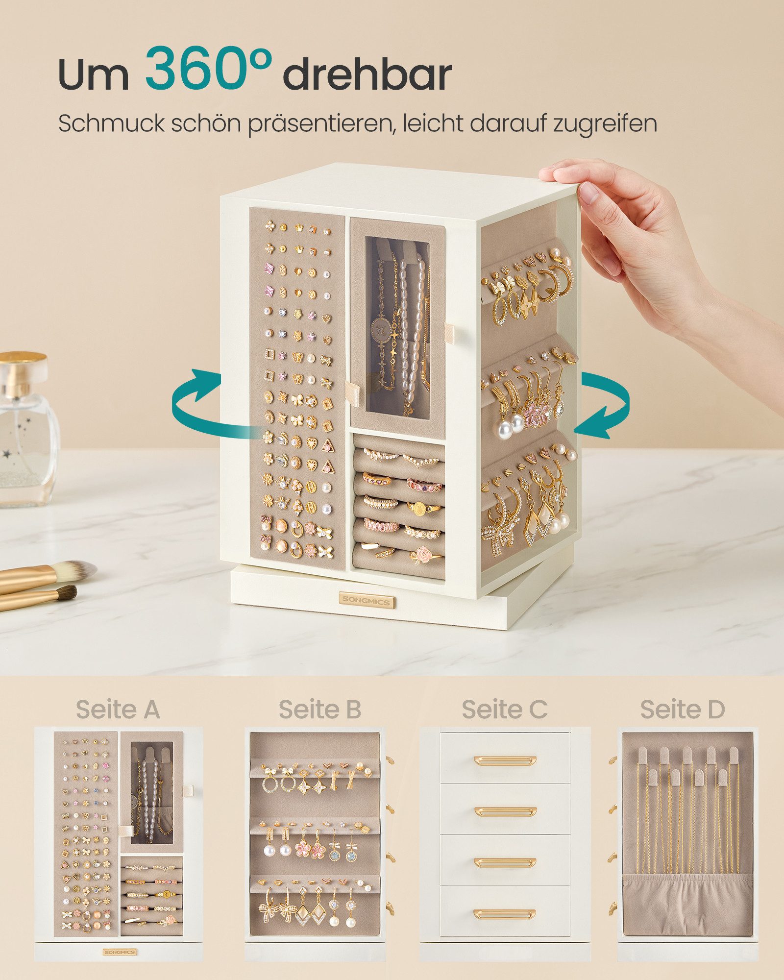 SONGMICS Schmuckkasten um 360° drehbar, Schmuckbox mit 4 Schubladen, platzsparend, Geschenkidee