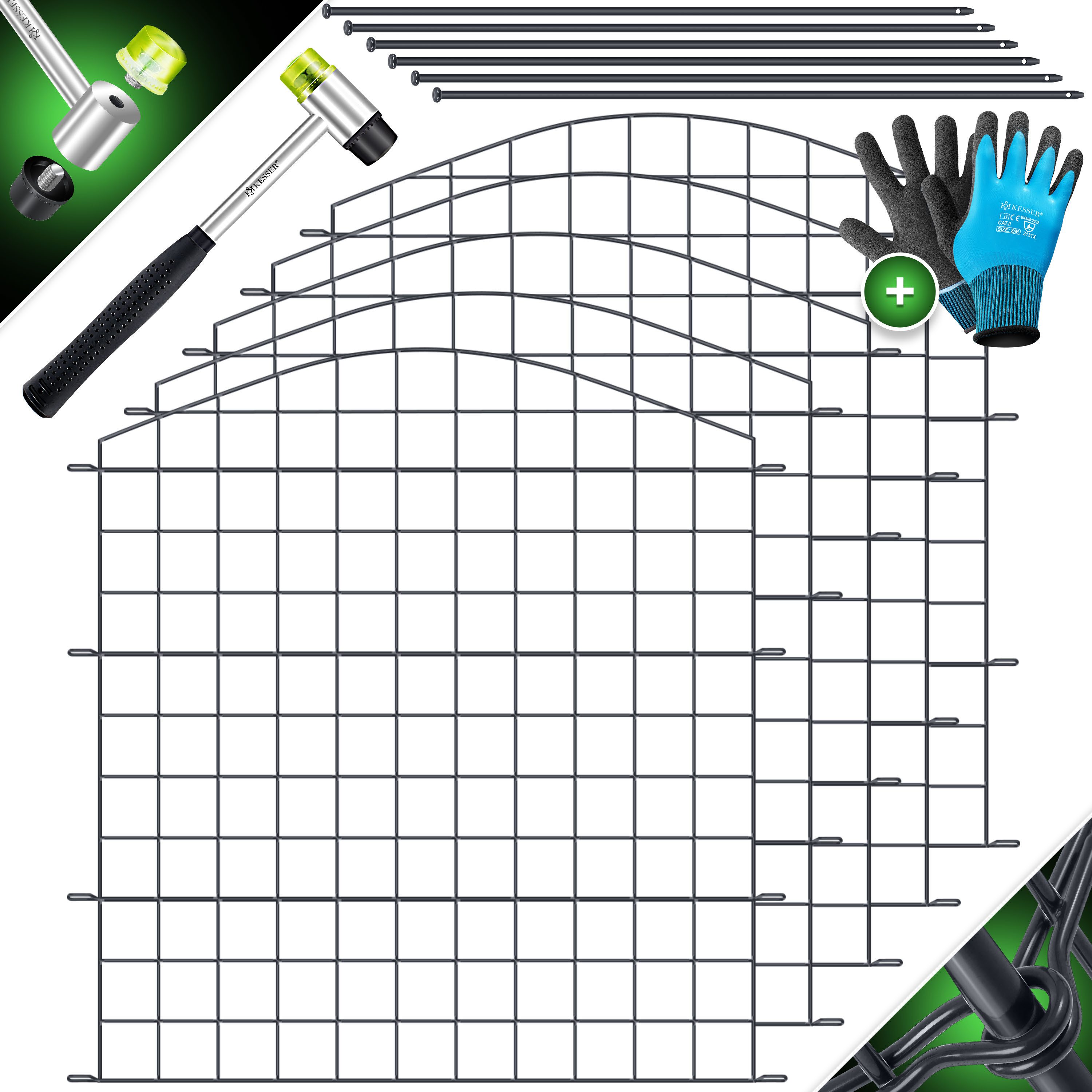 KESSER Zaun Teichzaun Gartenzaun Steckzaun Komplettset Metall Zaun für Garten, (Inkl. Handschuhe, Hammer + Befestigungsstäben), Zaun zum stecken für Garten, Gitterzaun Set Freigehege für Tiere