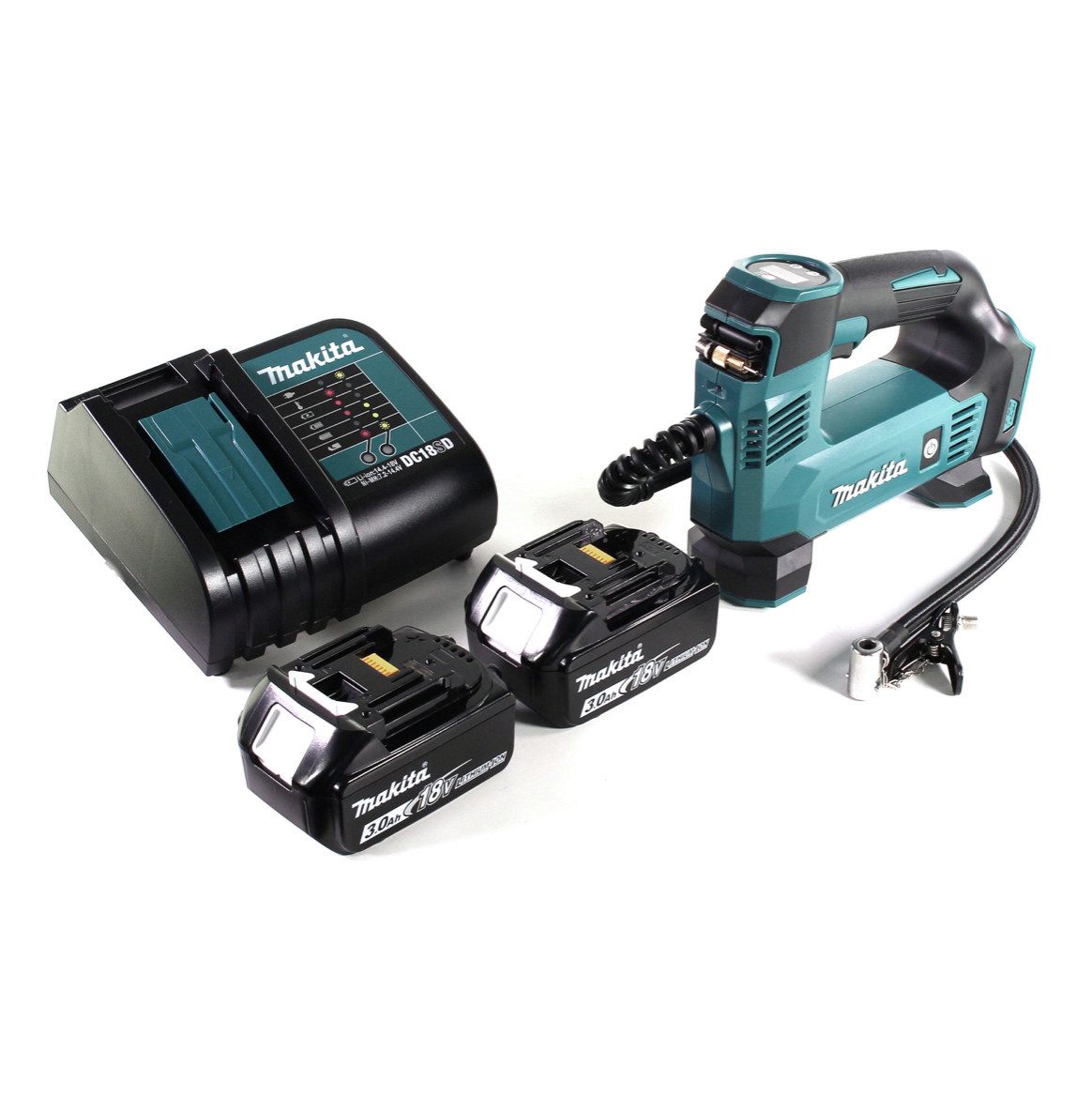 Makita Akku-Handkompressor DMP 180 SF Akku Kompressor 18 V 8,3 bar + 2x Akku 3,0 Ah + Ladegerät