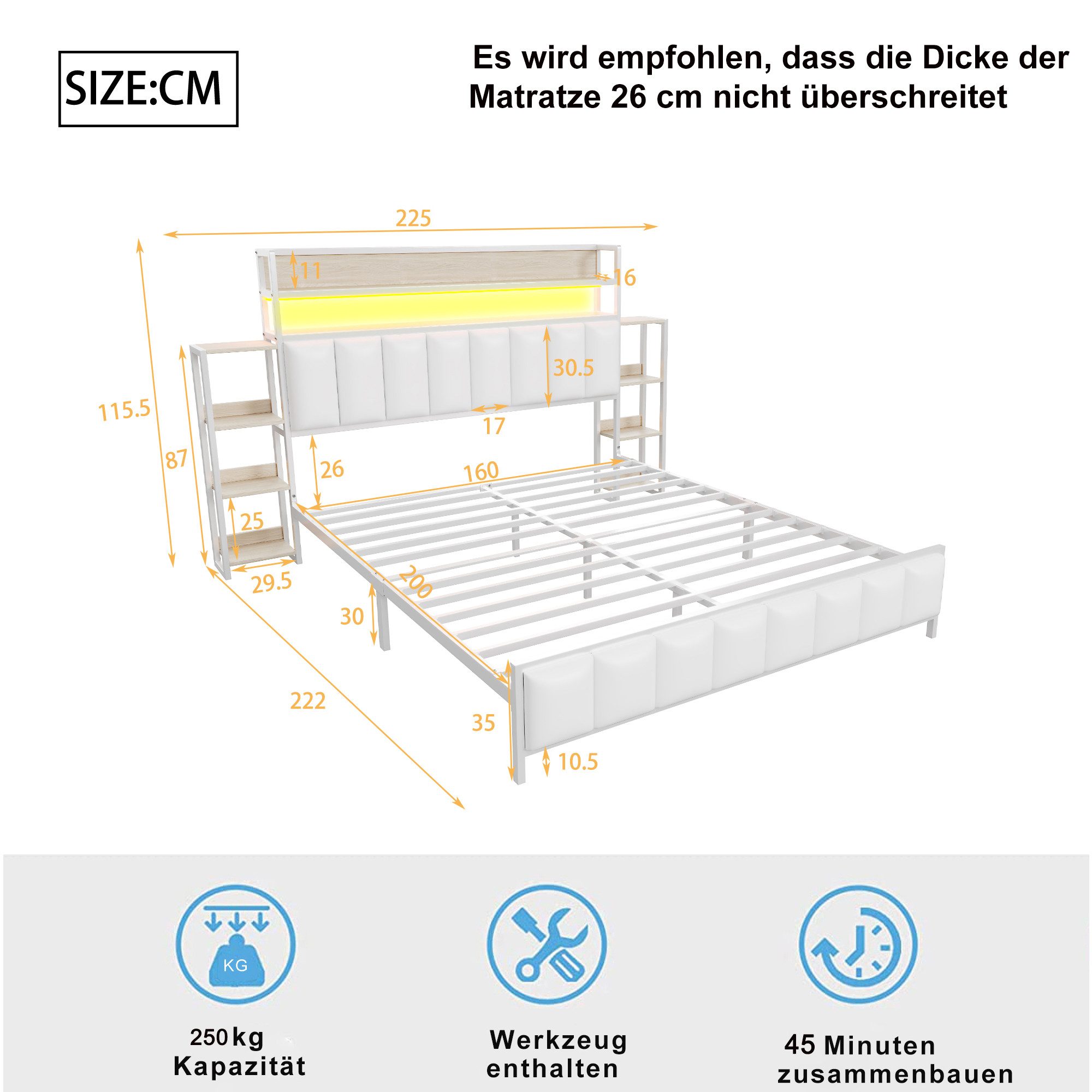 Flieks Metallbett, LED Kunstleder-Polsterbett Doppelbett 160x200cm mit Stau günstig online kaufen