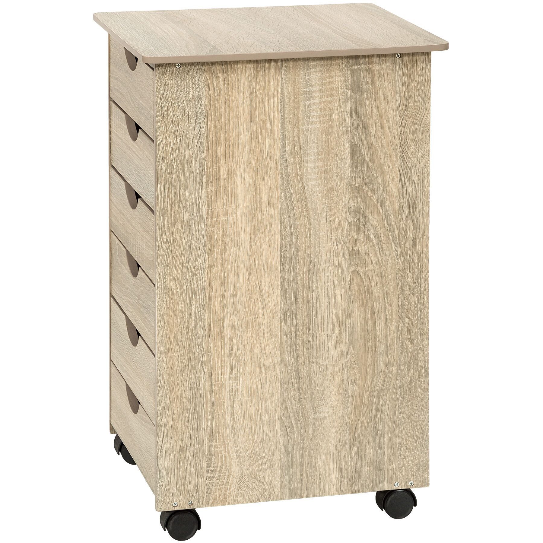 tectake Rollcontainer Schubladenschrank, einfache Montage, Maße 36 x 40 x 65 cm, aus Holz, (Schreibtisch Unterschrank, in Holz hell, Eiche Sonoma), 6 Schubl., 4 leichtgängige, drehbare Doppelrollen, abgerundete Kanten