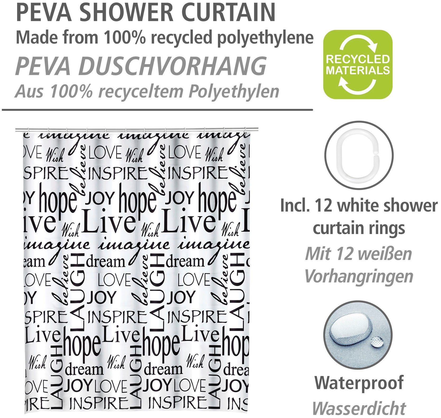 WENKO Duschvorhang Live Breite 180 cm, Höhe 200 cm, mit Schriftzug-Motiv
