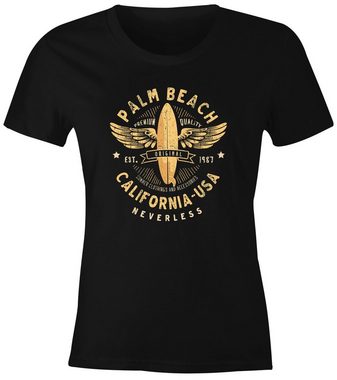 Neverless Print-Shirt Damen T-Shirt Surfing Motiv Vintage Effekt Palm Beach California USA Schriftzug Fashion Streetstyle Slim Fit Neverless® mit Print
