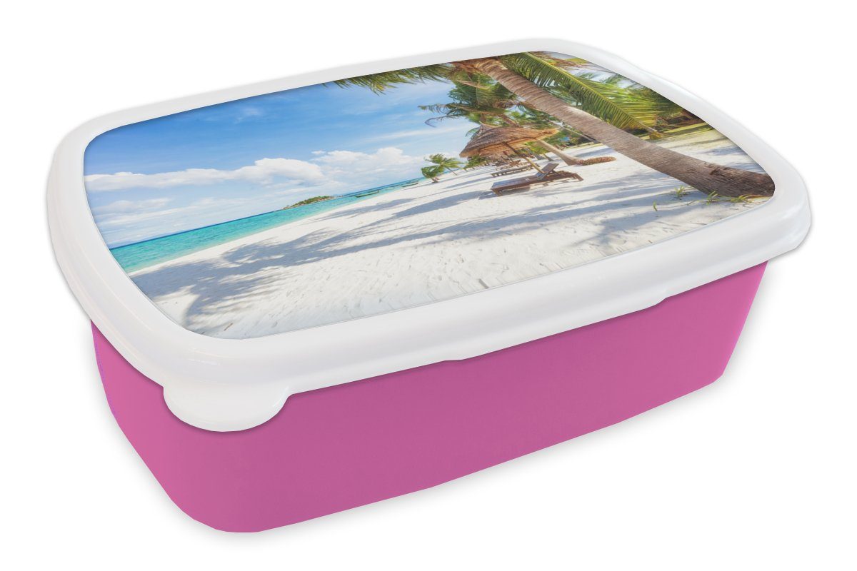 MuchoWow Lunchbox Strand - Meer rosa Brotbox Palmen, Kunststoff Snackbox, Kunststoff, Mädchen, Kinder, Erwachsene, (2-tlg), Brotdose - für