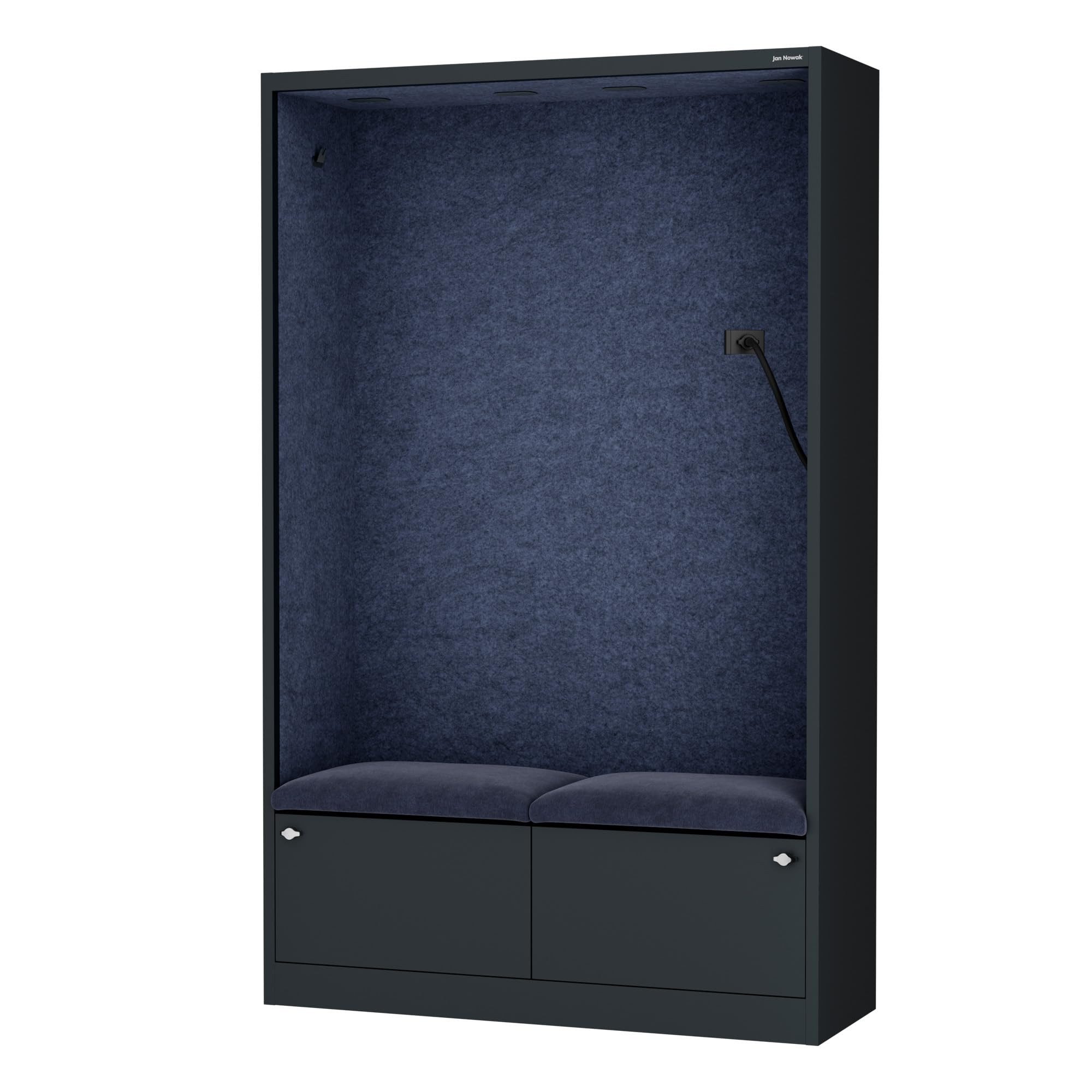 Jan Nowak Raumteiler Akustikkabine Telefonkabine SALLY 115 cm NRC 0,8 Sitzplatz USB-C, Stahl pulverbeschichtet recycelte PET-Paneele B1 185 x 115 x 40 cm, Bürokabine schallabsorbierend PET offen 4 Rahmen 4 Polsterfarben
