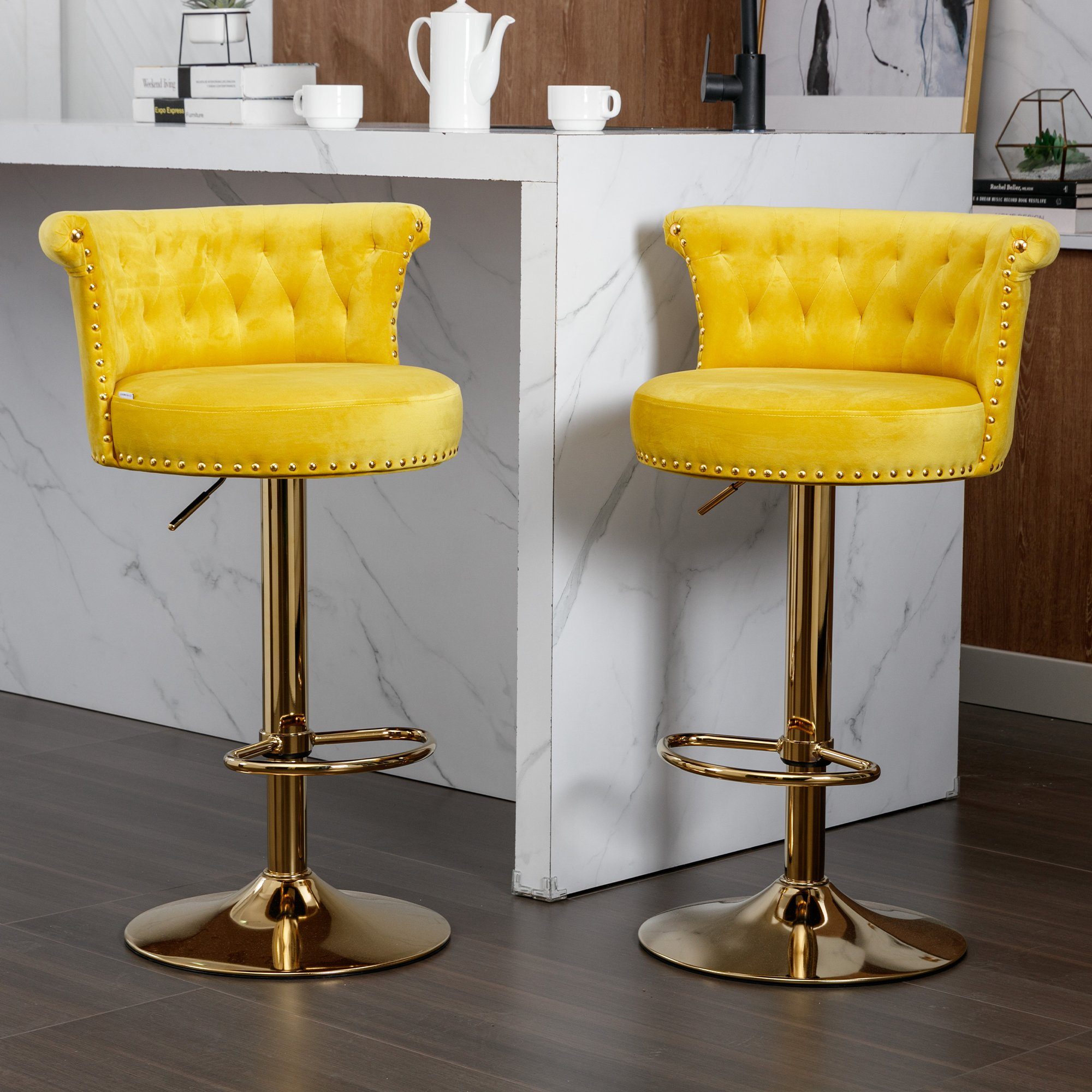 OKWISH Barhocker Barhocker Barstühle Tresenhocker 2PC/ setzen, Höhenverstellbar (mit Fußstütze für Küche, Esszimmer) gelb