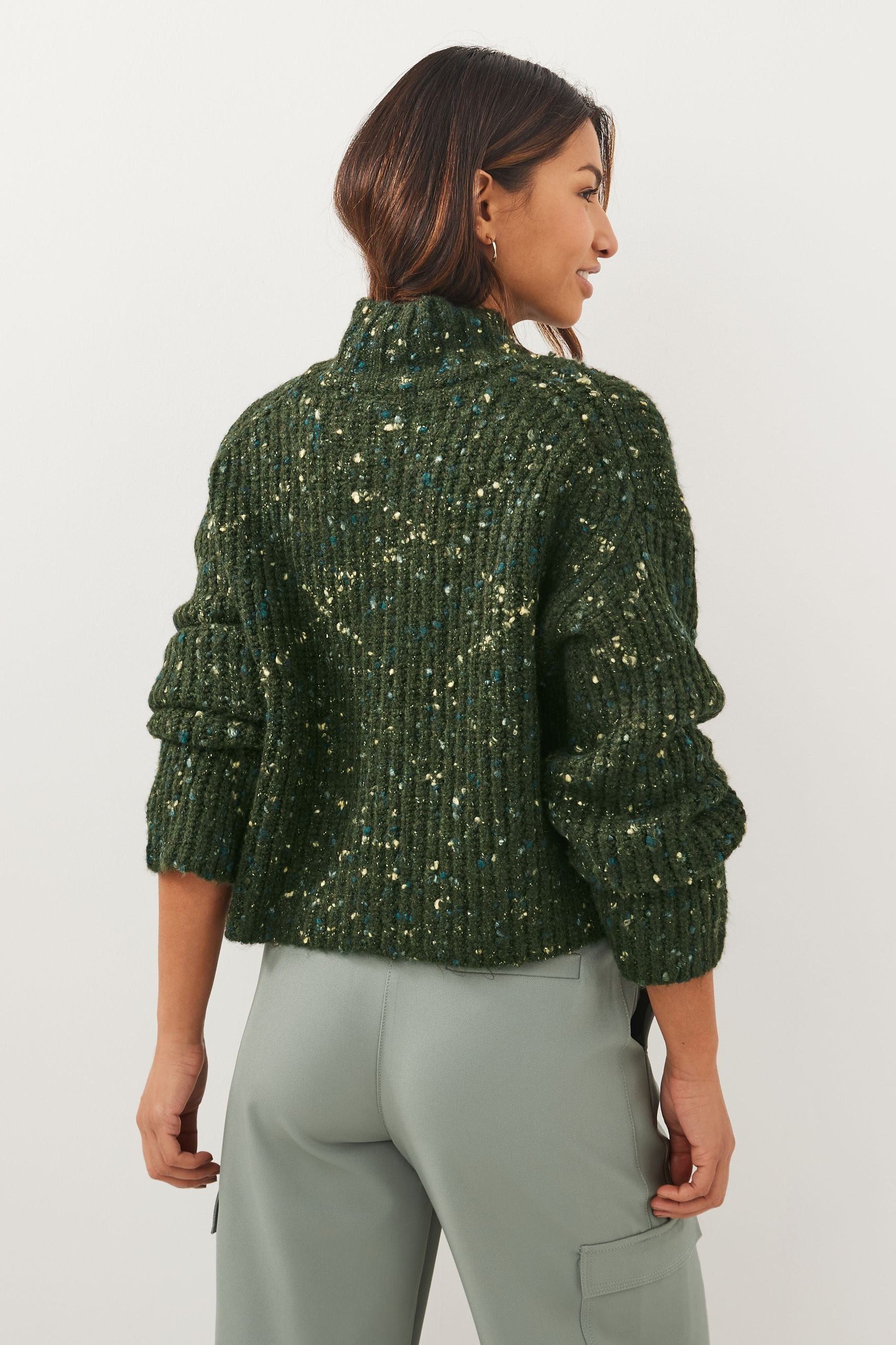 Next V-Ausschnitt-Pullover Gerippter (1-tlg) mit Khaki Pullover V-Ausschnitt Green