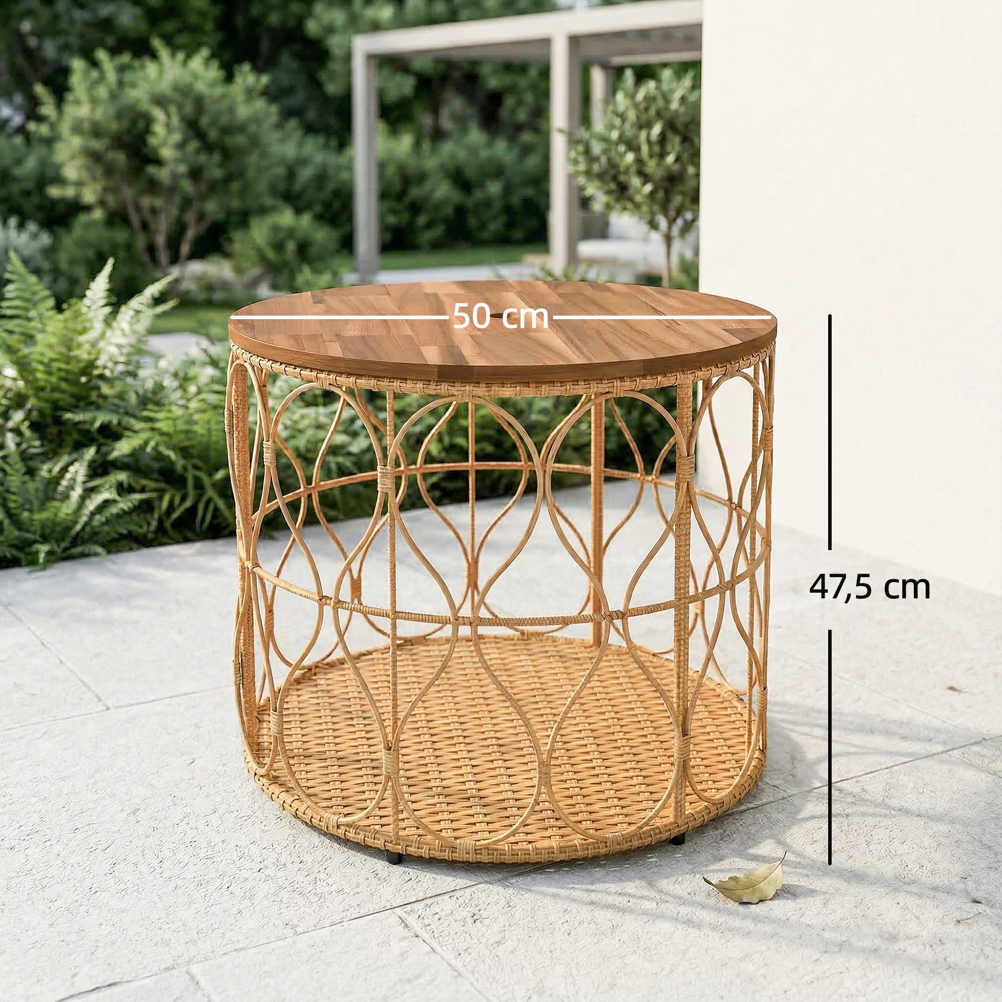 Outsunny Beistelltisch Ø50 cm wetterfest Akazienholz mit Rattanoptik, Bistrotisch (Balkontisch, 1-St., Gartentisch), für Garten Terrasse Balkon Teak
