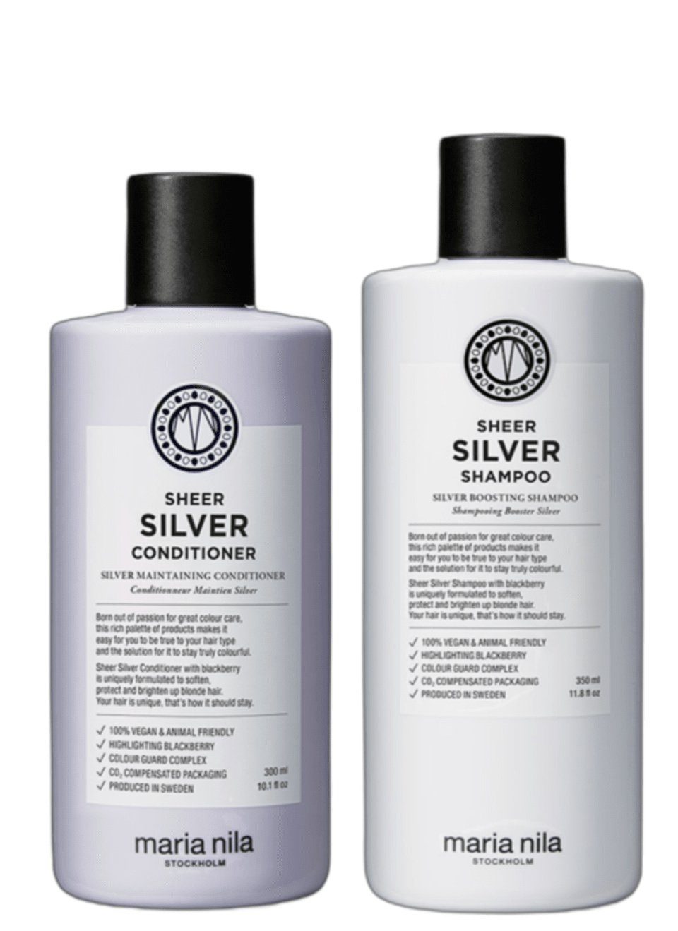 Maria Nila Haarpflege-Set Sheer Silver Duo, Set, 2-tlg., Shampoo 350 ml + Conditioner 300 ml, neutralisiert Gelbstich, Glanz