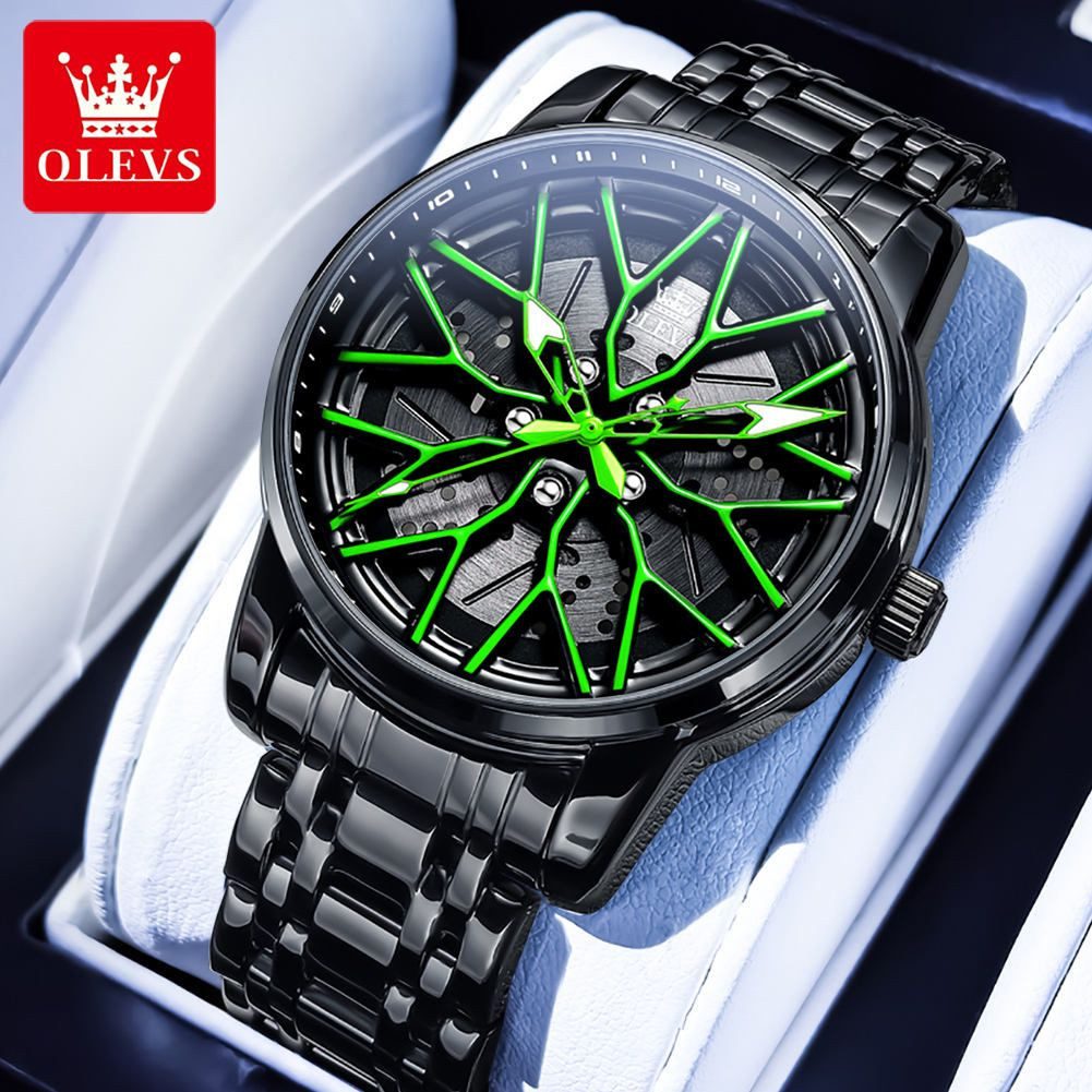OLEVS Quarzuhr Felgenuhr Olevs Motorsport Herren Armbanduhr im 3D Felgendesign Grün