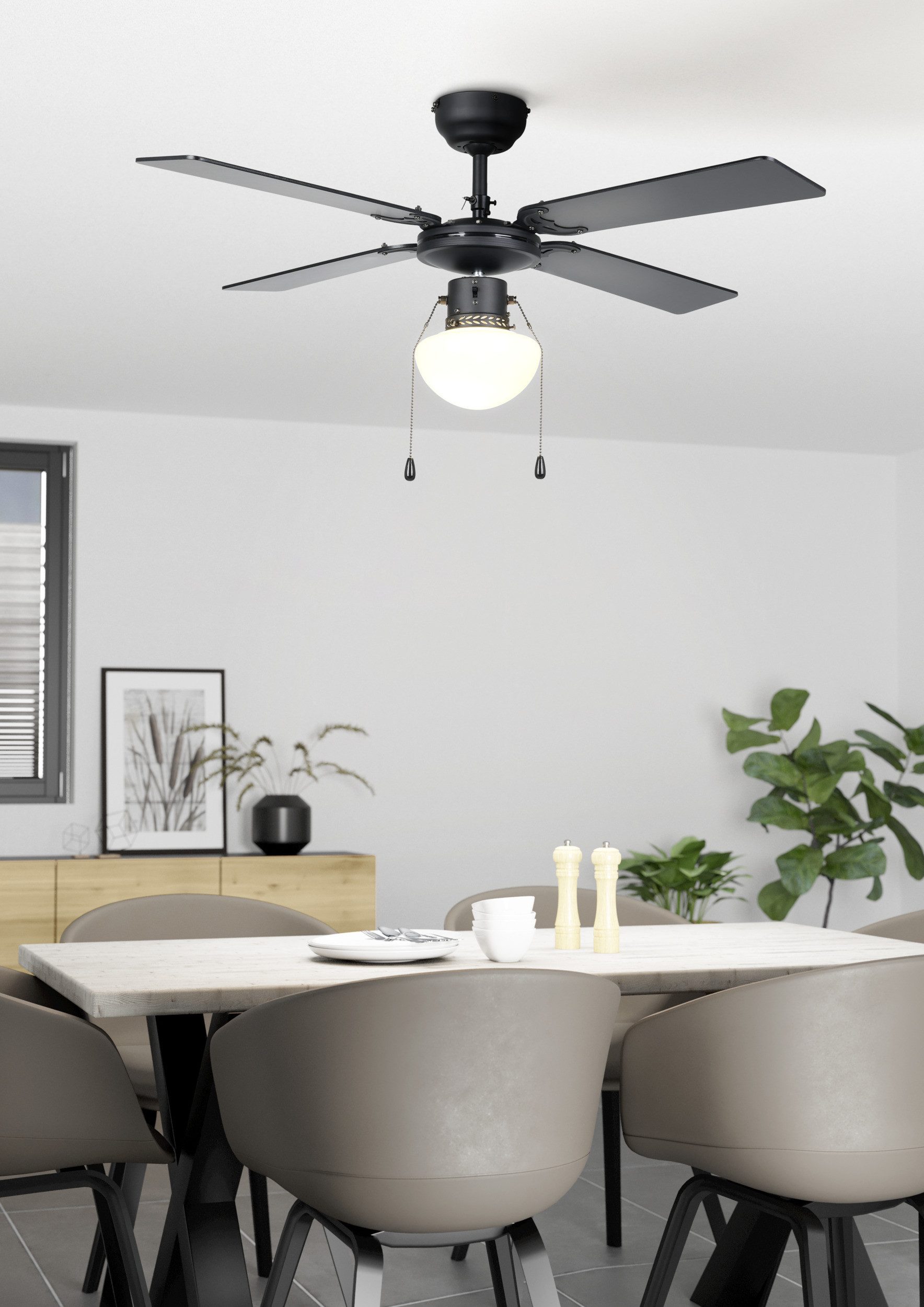 EGLO LED Deckenleuchte FORTALEZA Ventilator & Licht - Stahl - E27 - 1X60W - IP20, Ein-/Ausschalter, Ventilatorfunktion, ohne Leuchtmittel, Ventilator mit Beleuchtung, Wohnzimmer, Schalfzimmern, H42 x Ø106,6 cm